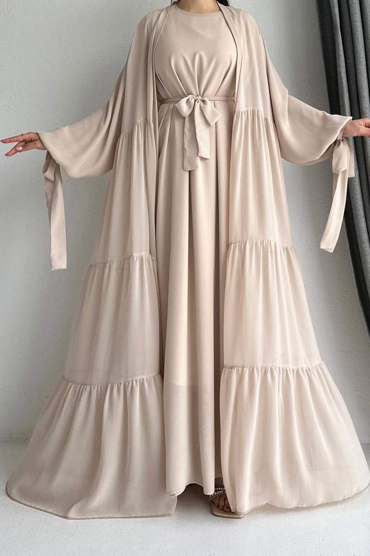 Hena Premium Şifon Abaya Takım – Bej