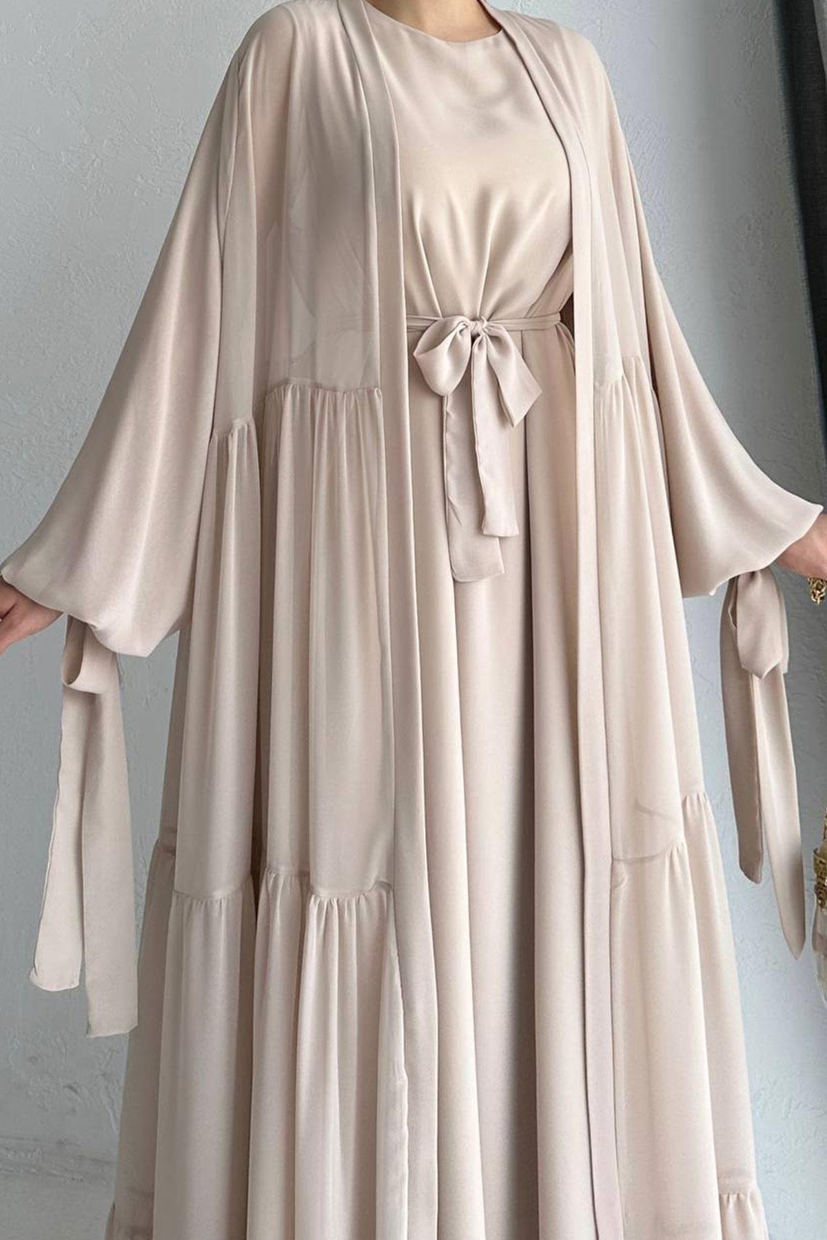 Hena Premium Şifon Abaya Takım – Bej