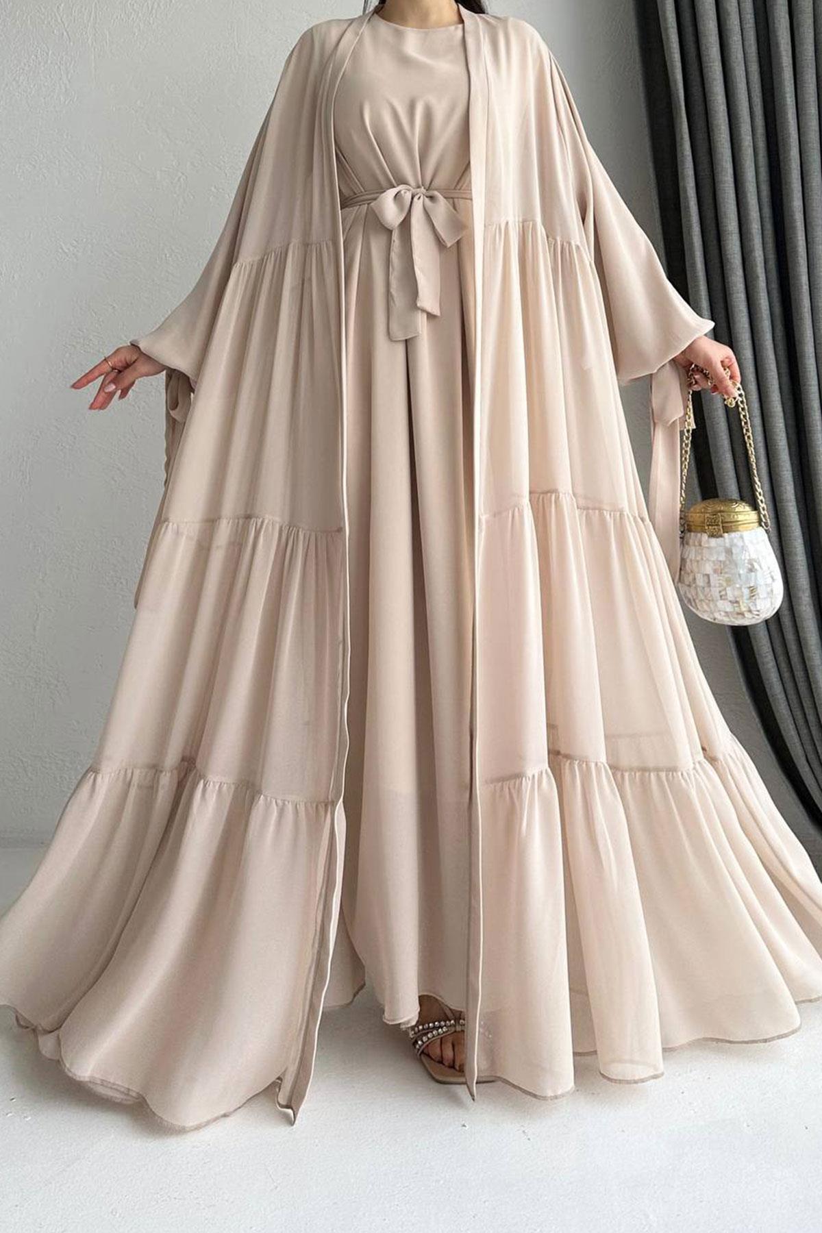 Hena Premium Şifon Abaya Takım – Bej