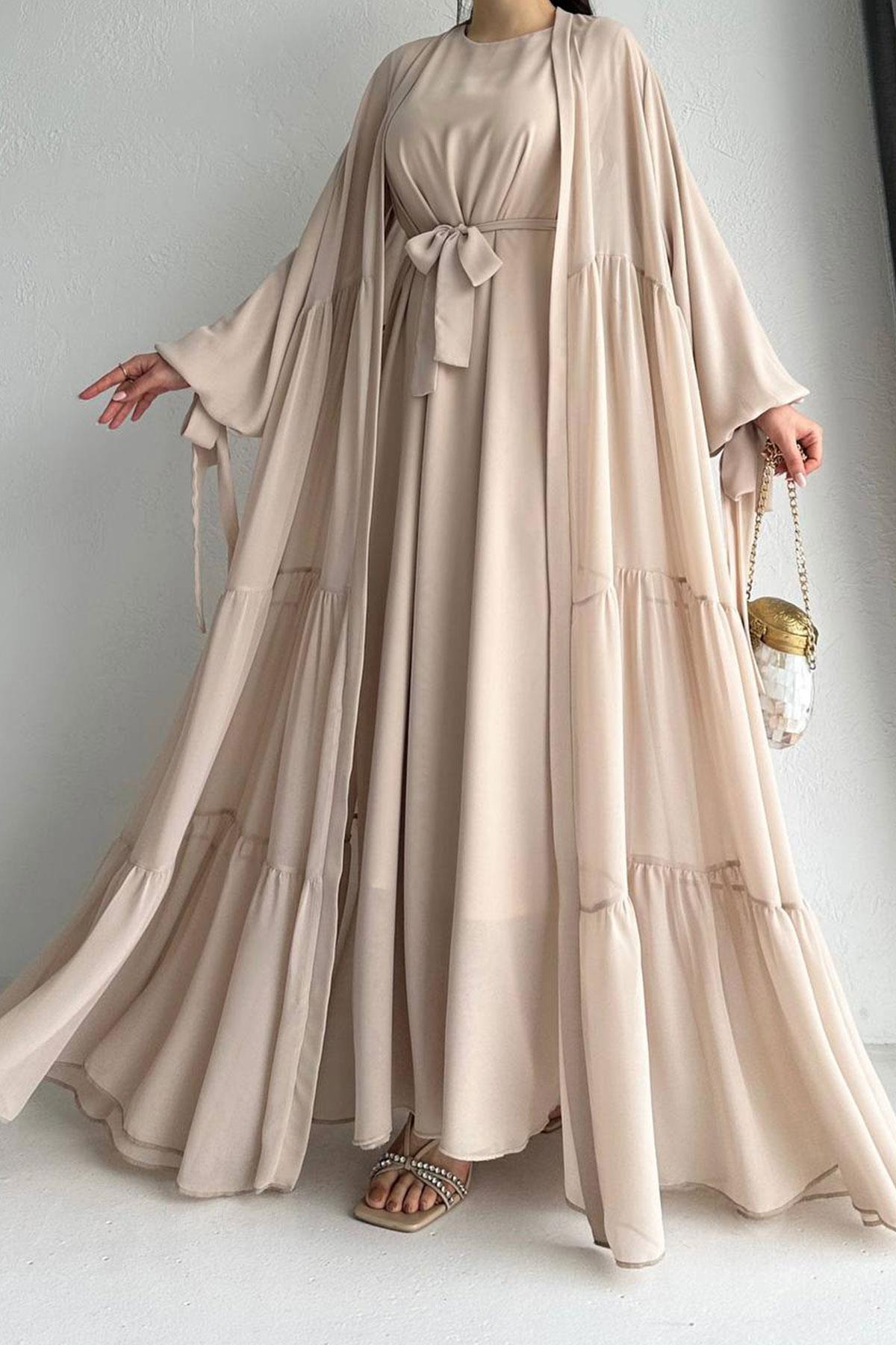 Hena Premium Şifon Abaya Takım – Bej