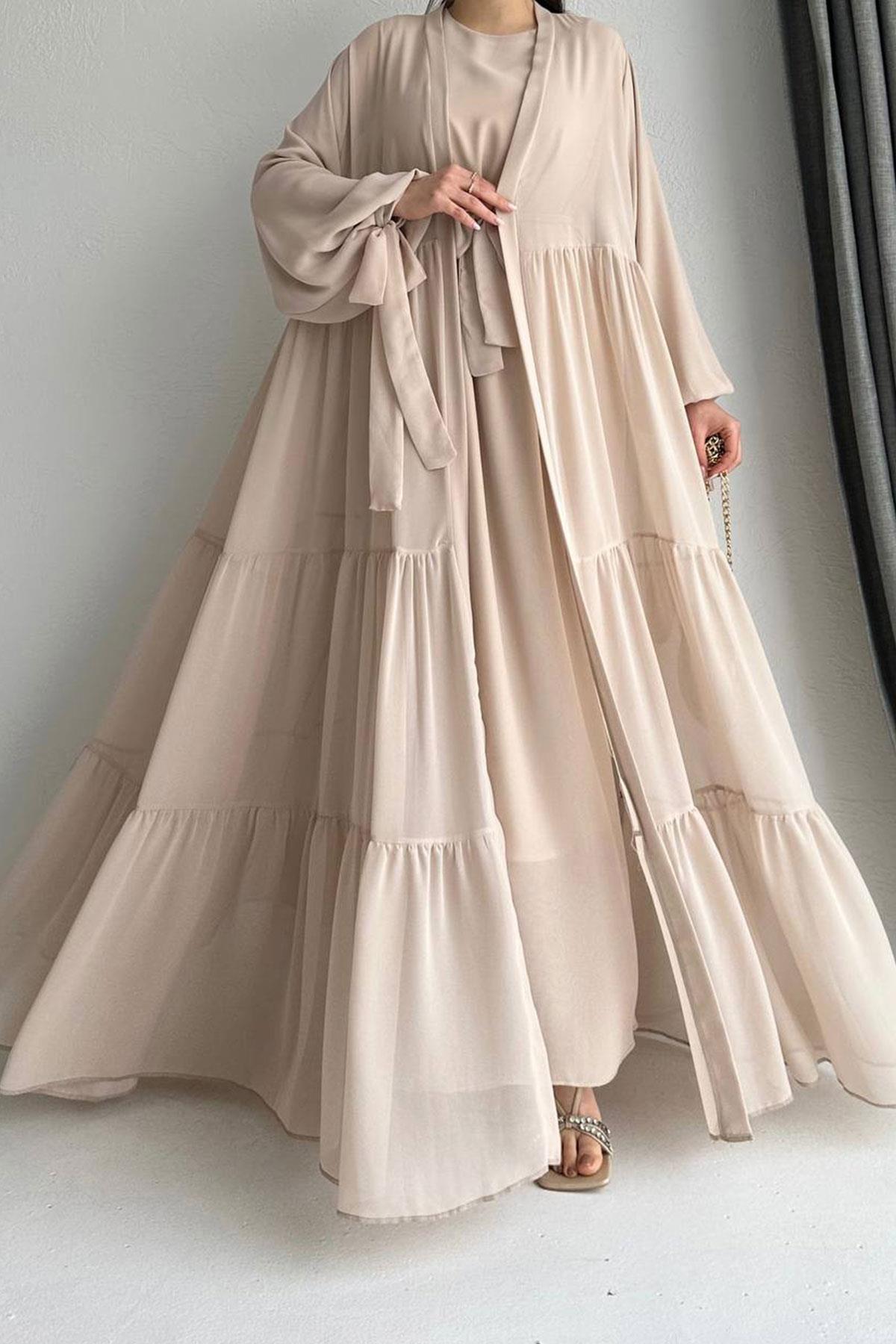 Hena Premium Şifon Abaya Takım – Bej