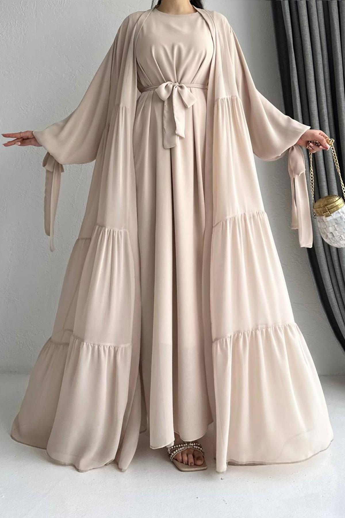 Hena Premium Şifon Abaya Takım – Bej