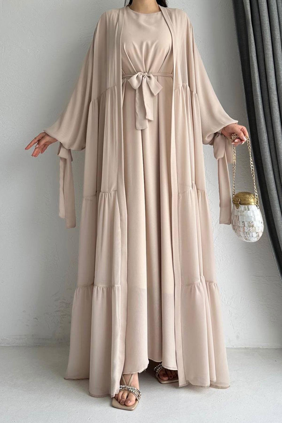 Hena Premium Şifon Abaya Takım – Bej