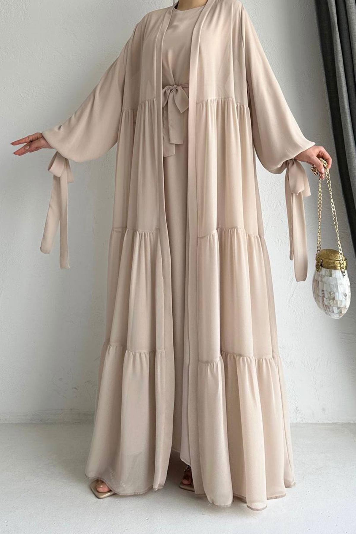 Hena Premium Şifon Abaya Takım – Bej