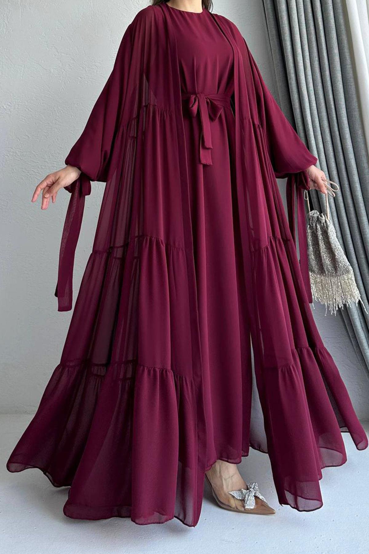 Hena Premium Şifon Abaya Takım – Bordo