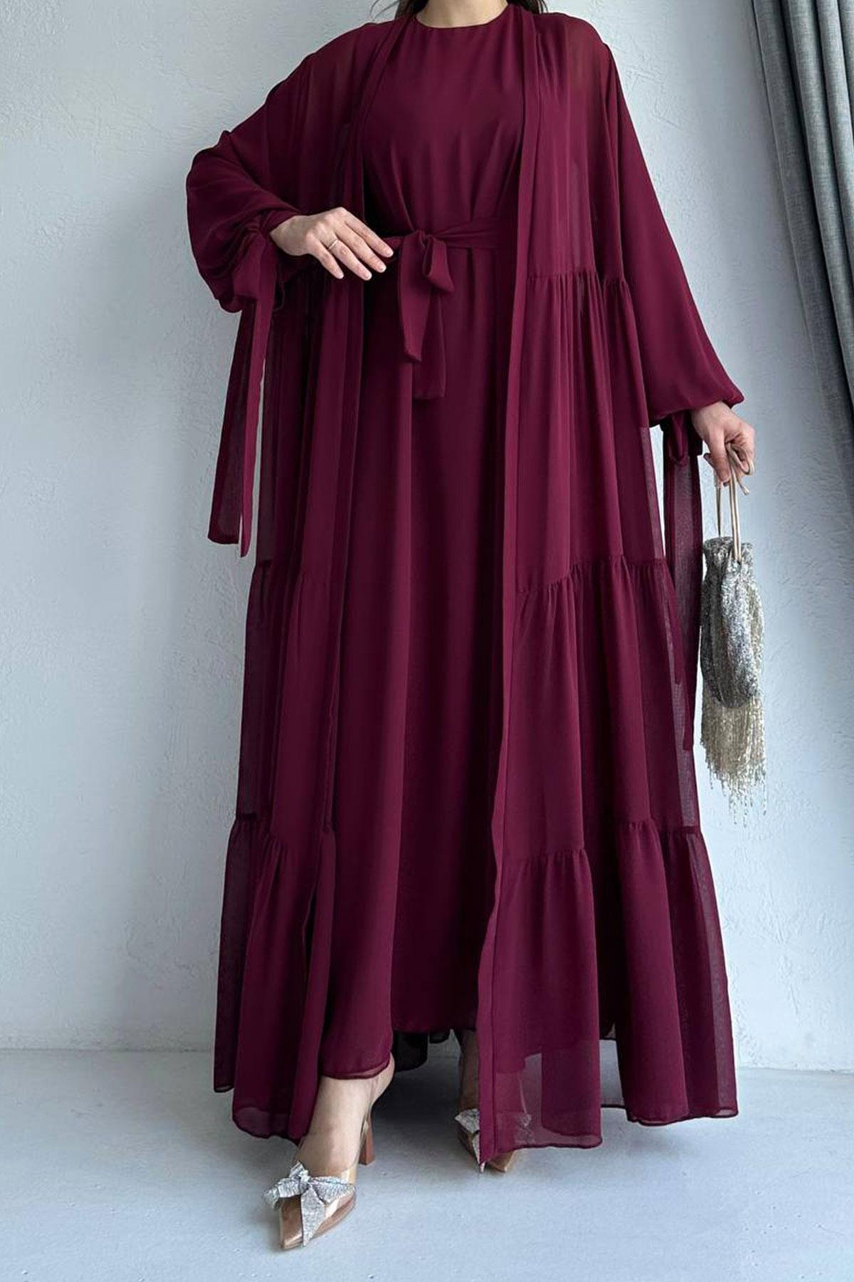 Hena Premium Şifon Abaya Takım – Bordo