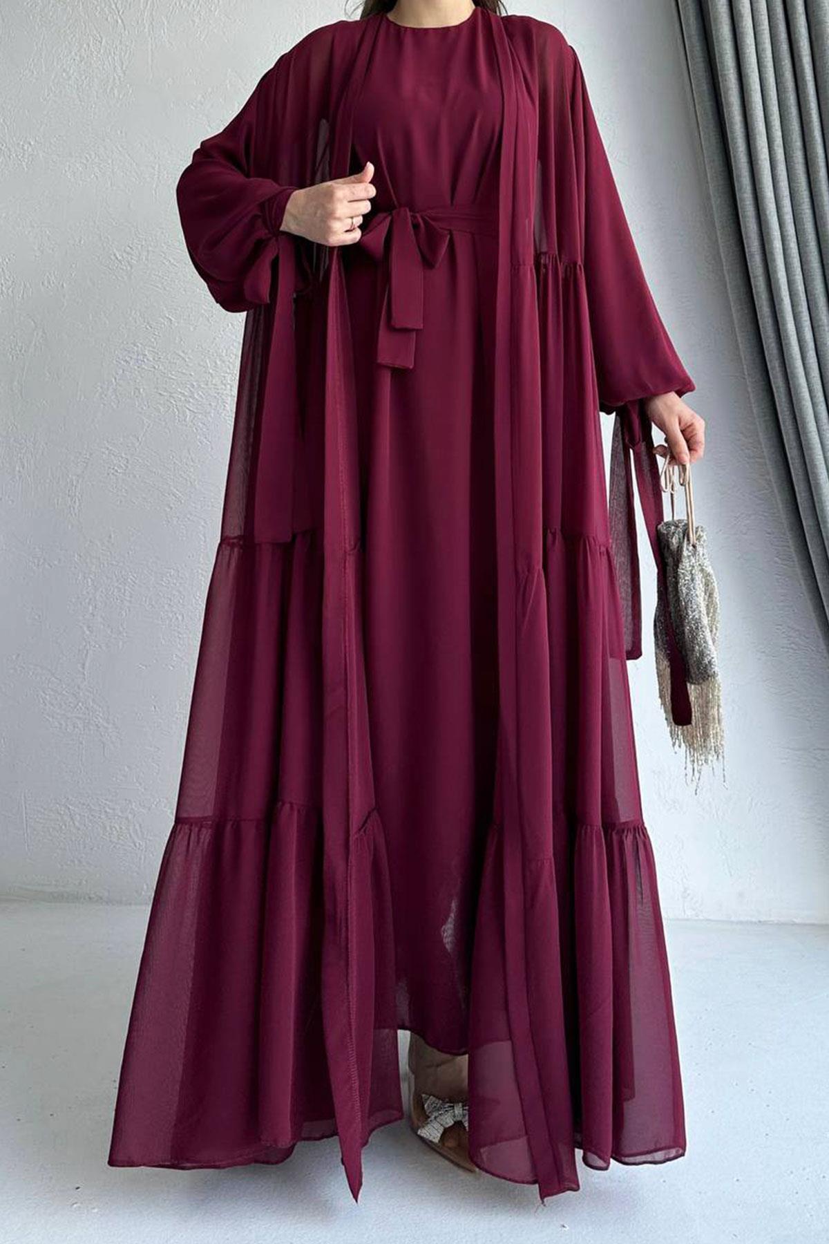 Hena Premium Şifon Abaya Takım – Bordo