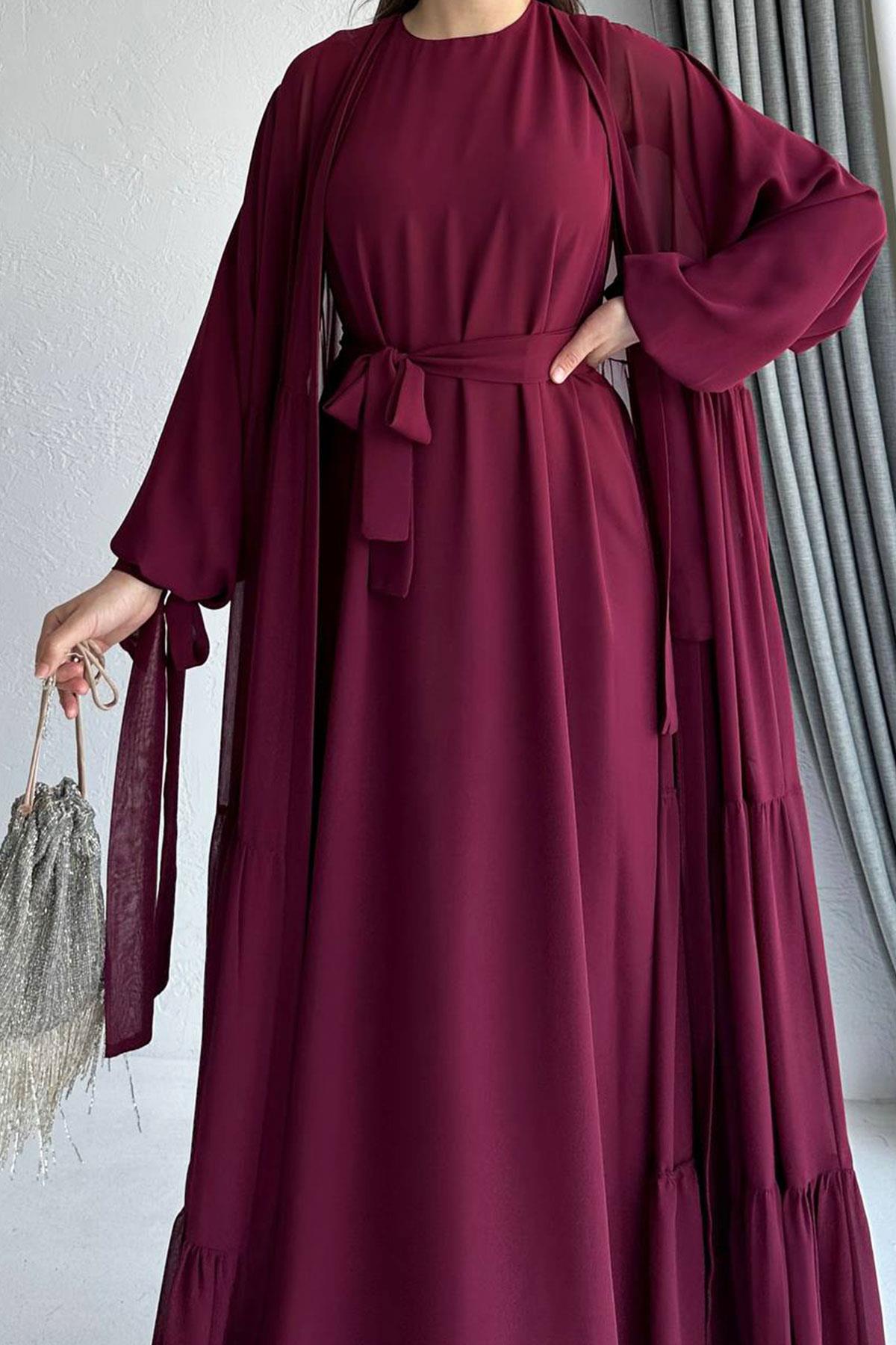 Hena Premium Şifon Abaya Takım – Bordo