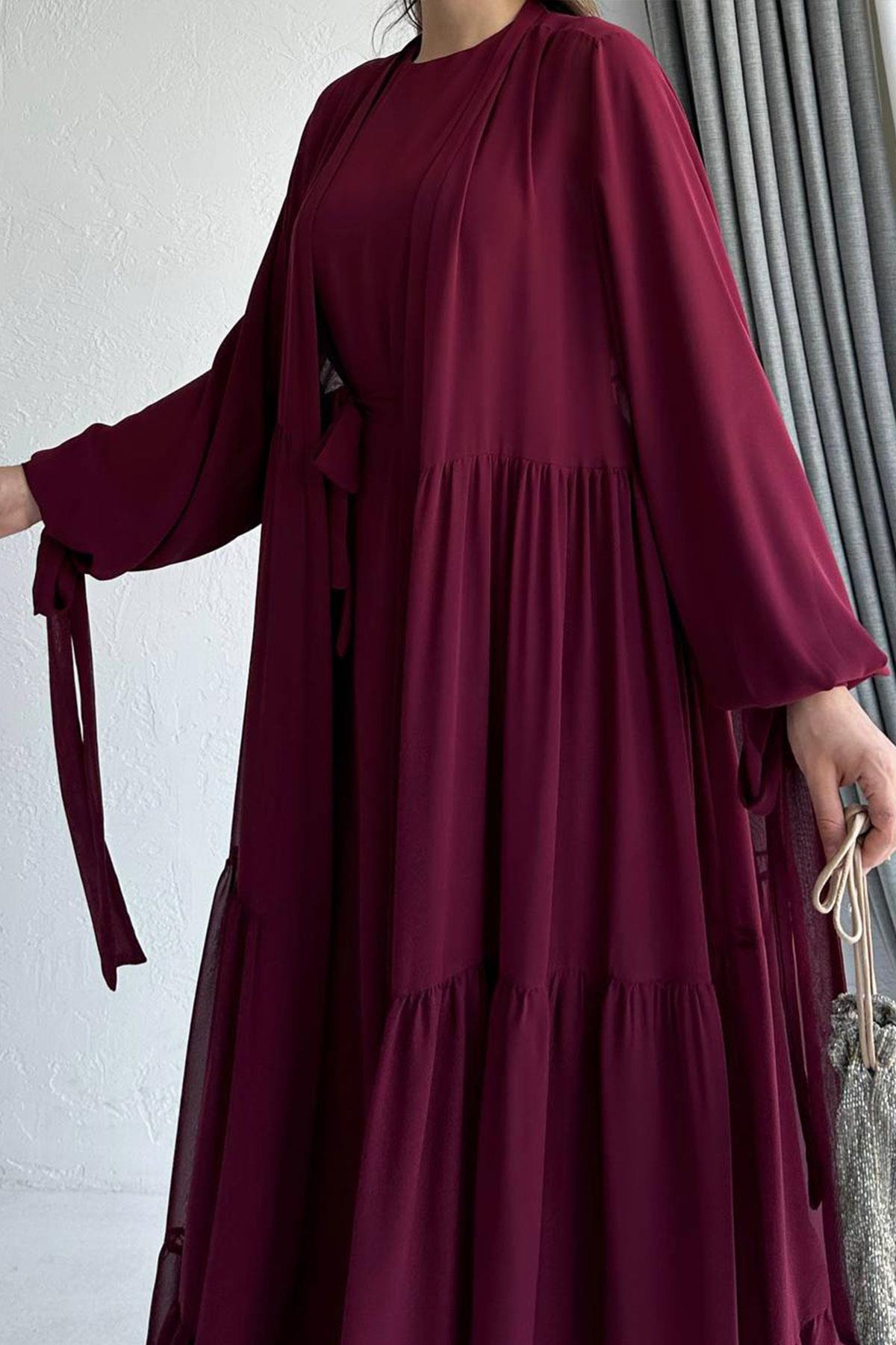 Hena Premium Şifon Abaya Takım – Bordo