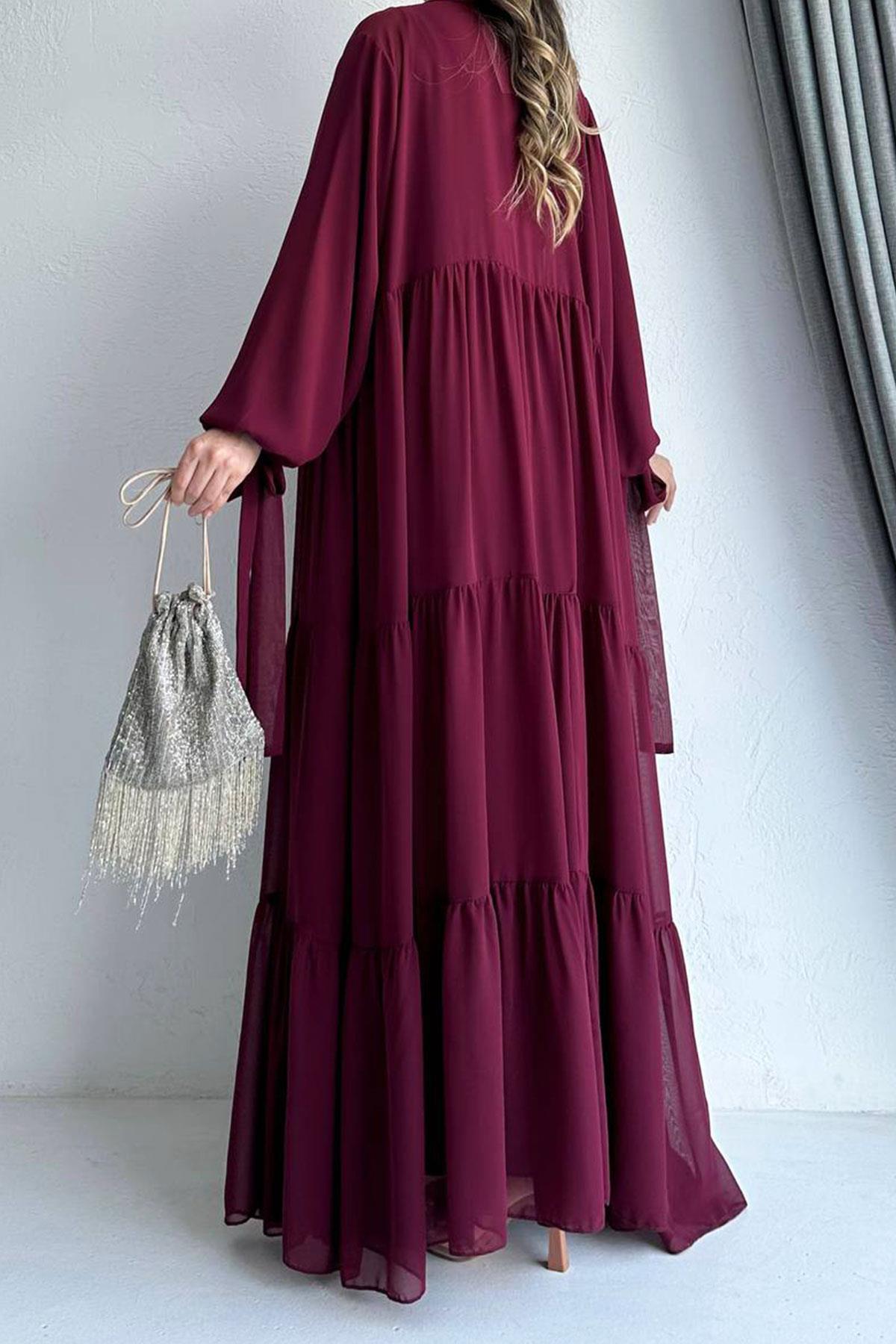 Hena Premium Şifon Abaya Takım – Bordo