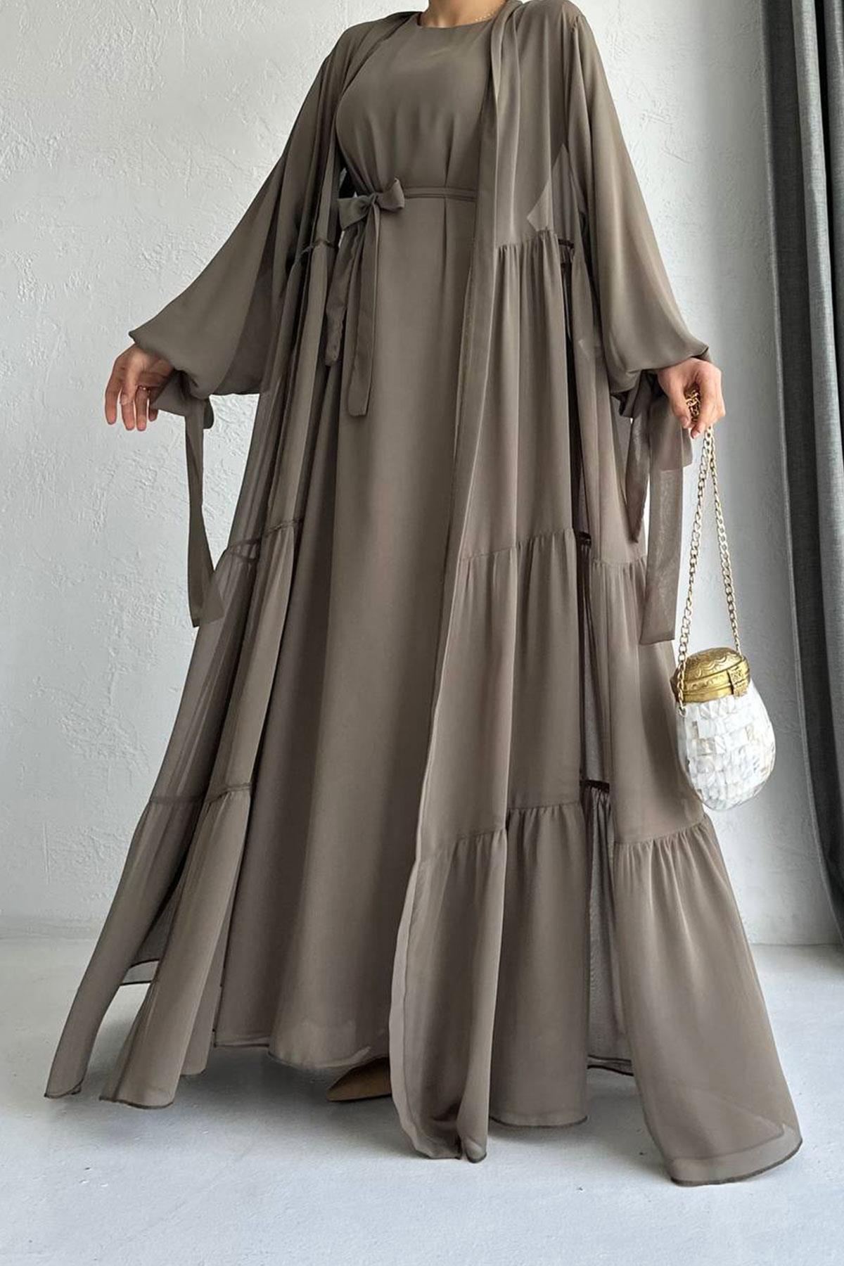 Hena Premium Şifon Abaya Takım – Haki