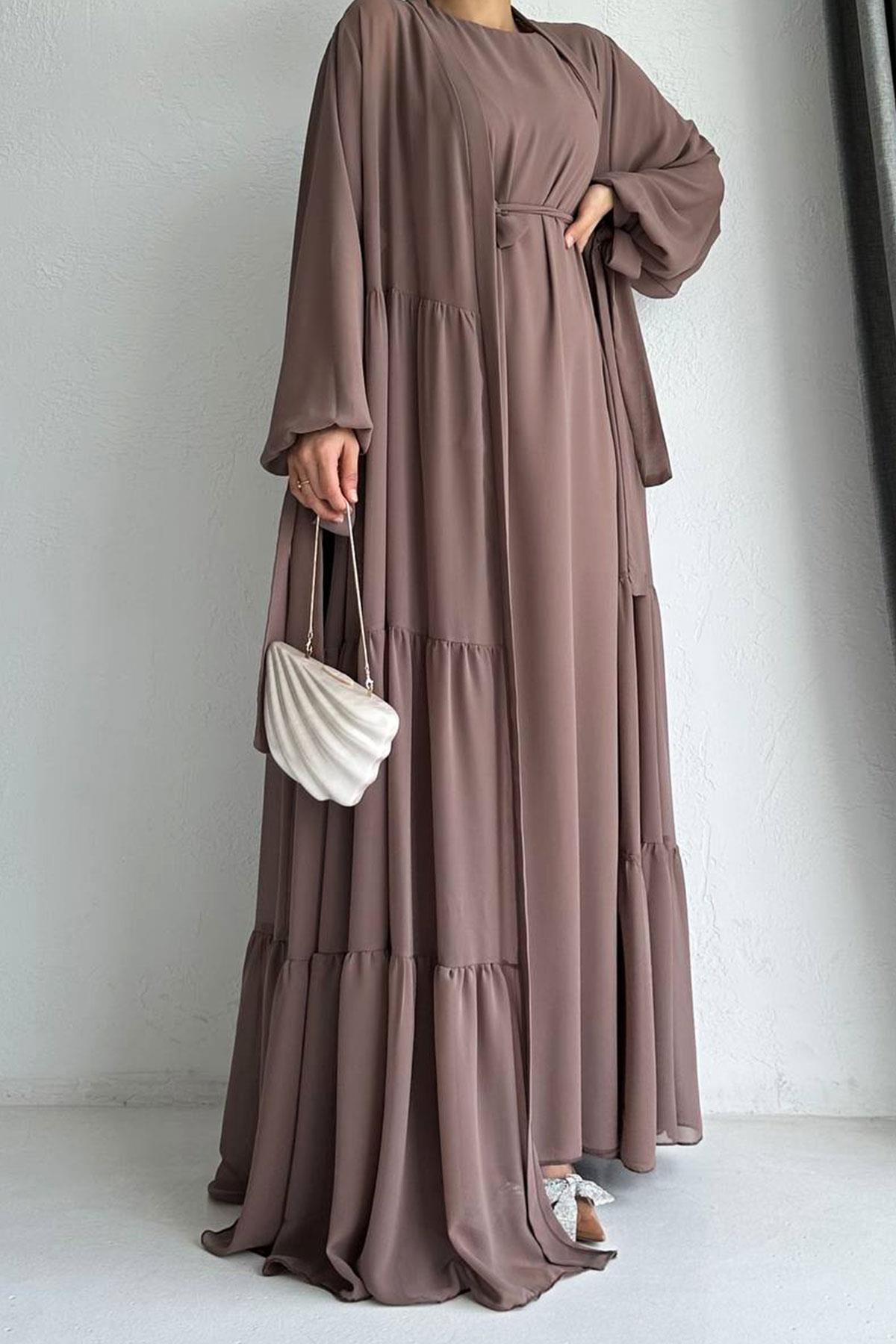 Hena Premium Şifon Abaya Takım – Kahverengi