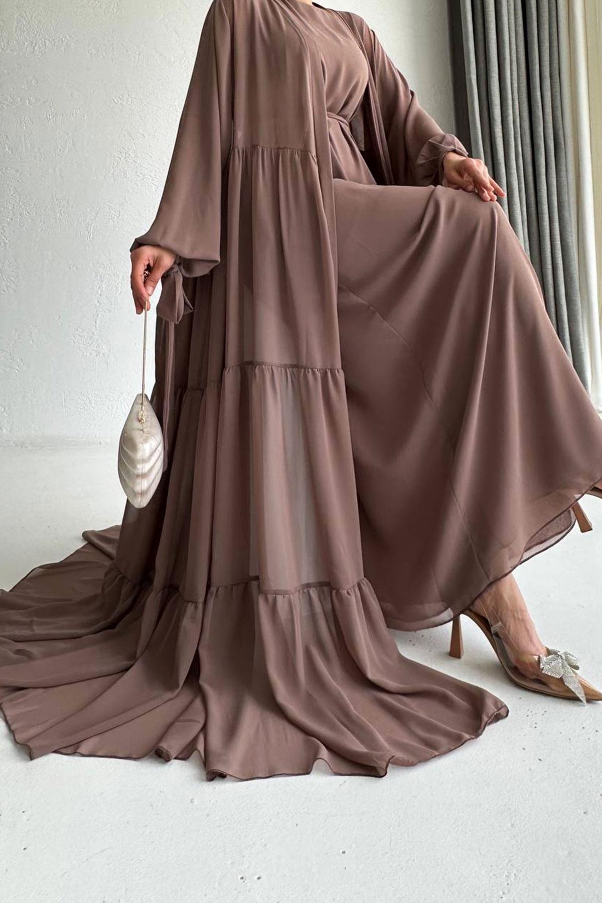 Hena Premium Şifon Abaya Takım – Kahverengi