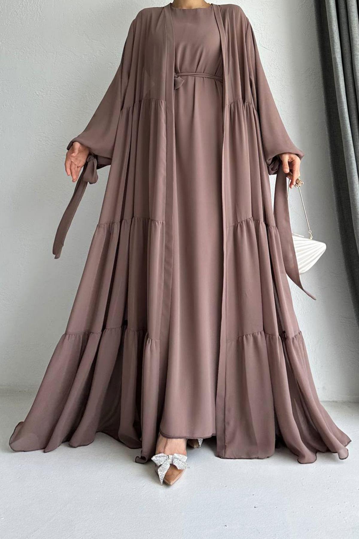 Hena Premium Şifon Abaya Takım – Kahverengi