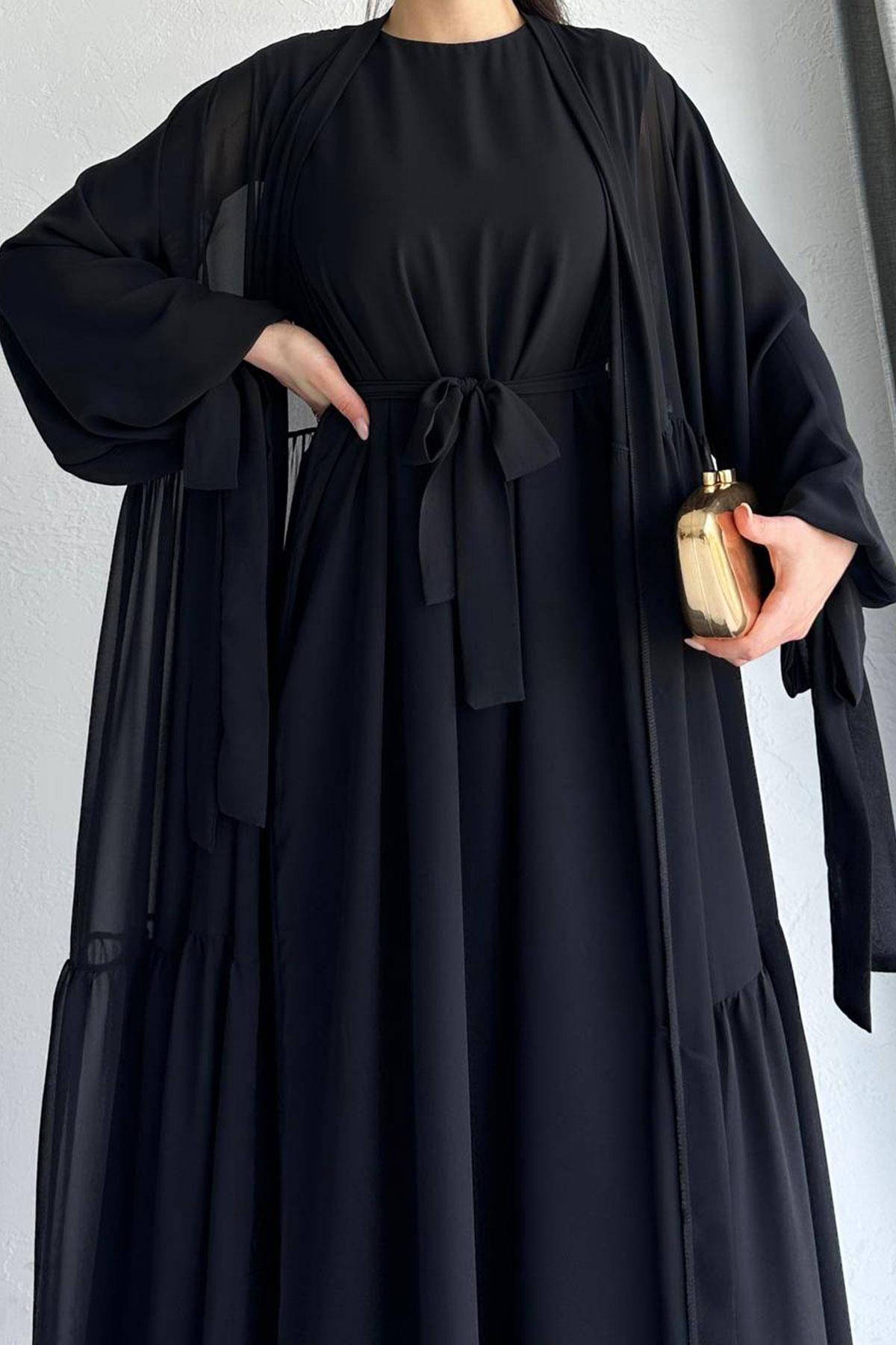 Hena Premium Şifon Abaya Takım – Siyah