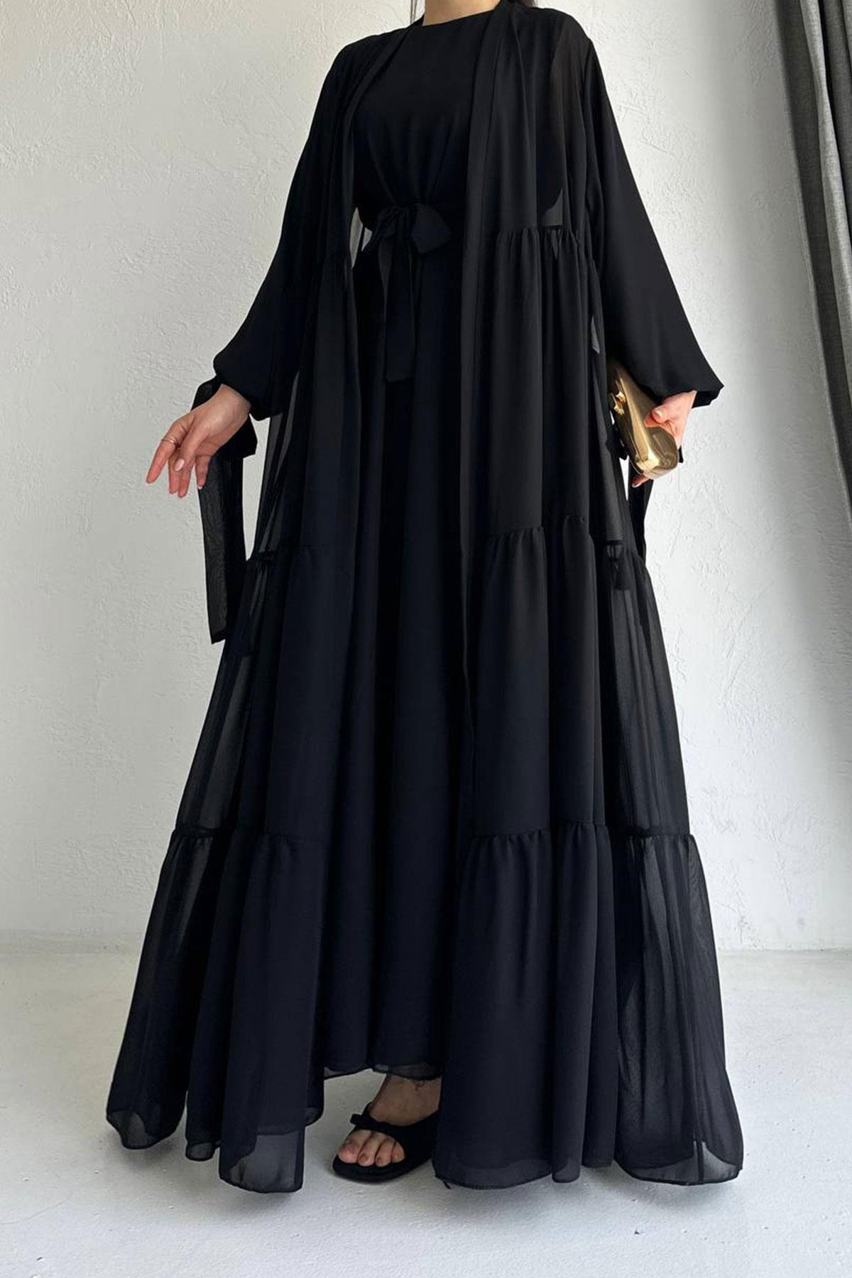 Hena Premium Şifon Abaya Takım – Siyah