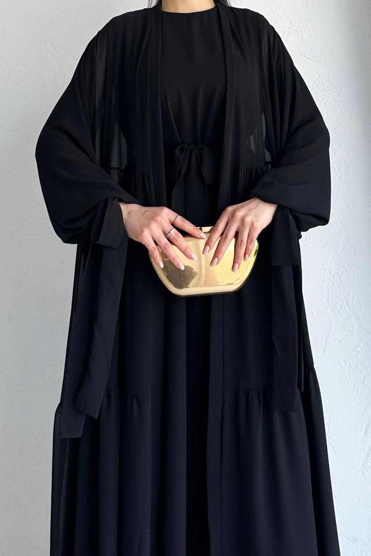 Hena Premium Şifon Abaya Takım – Siyah