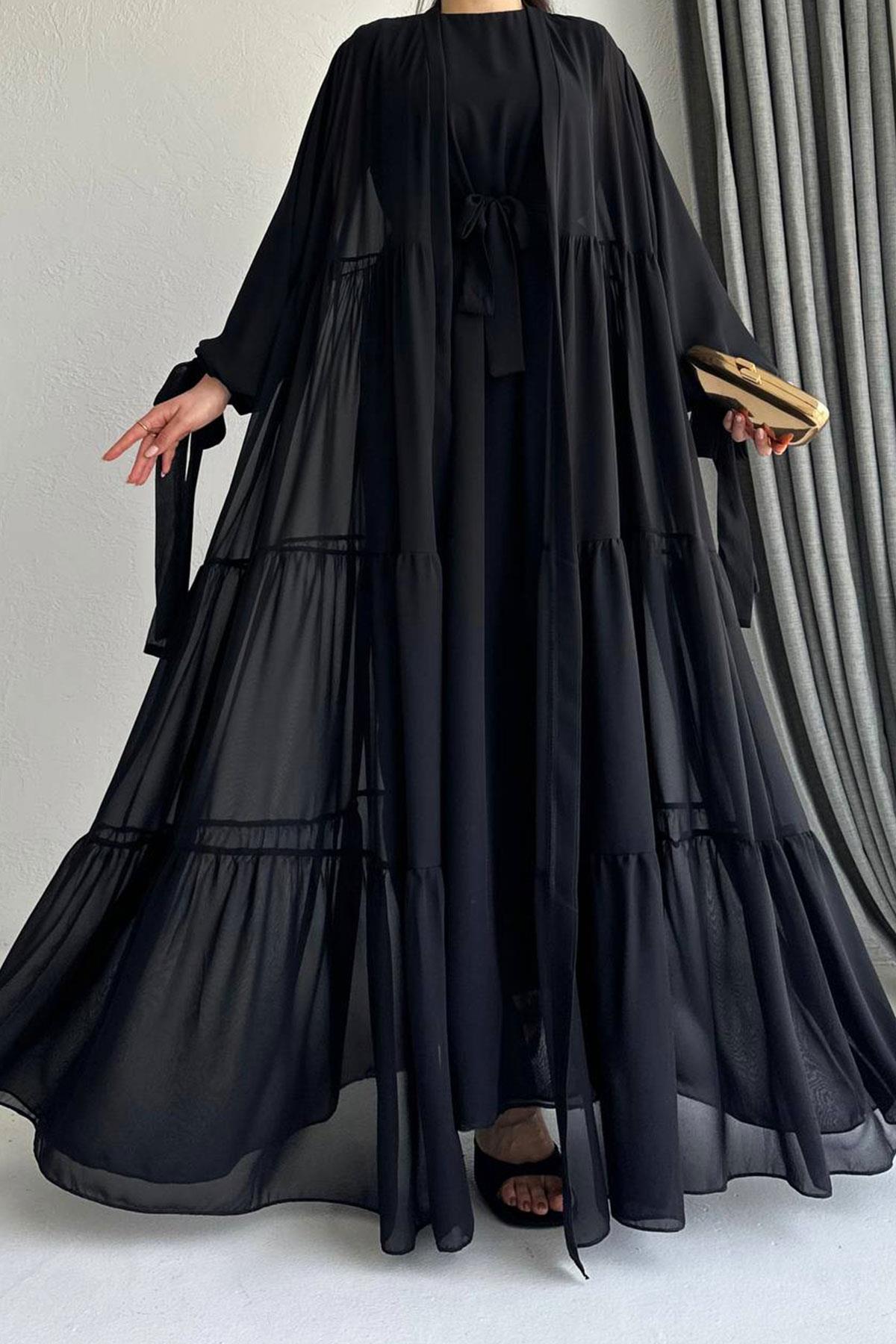Hena Premium Şifon Abaya Takım – Siyah