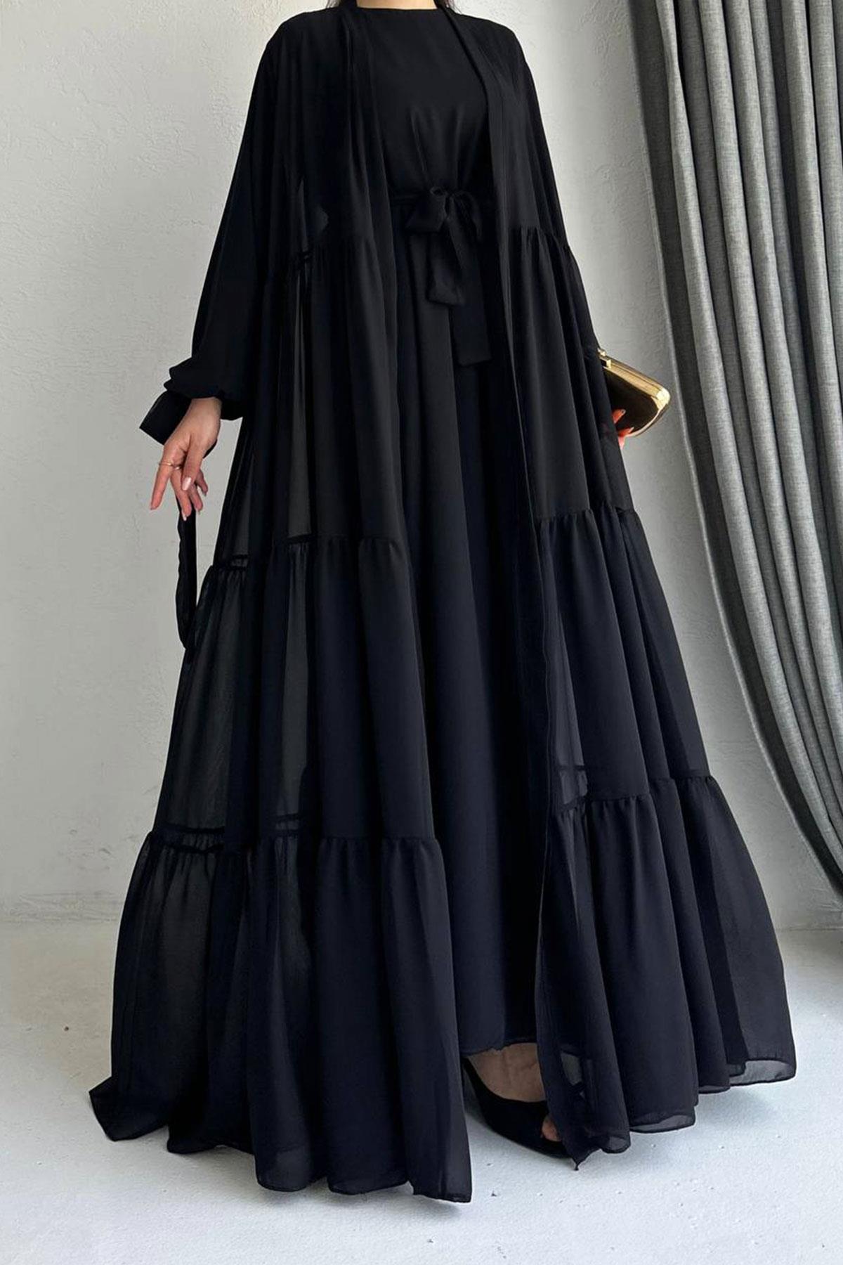 Hena Premium Şifon Abaya Takım – Siyah