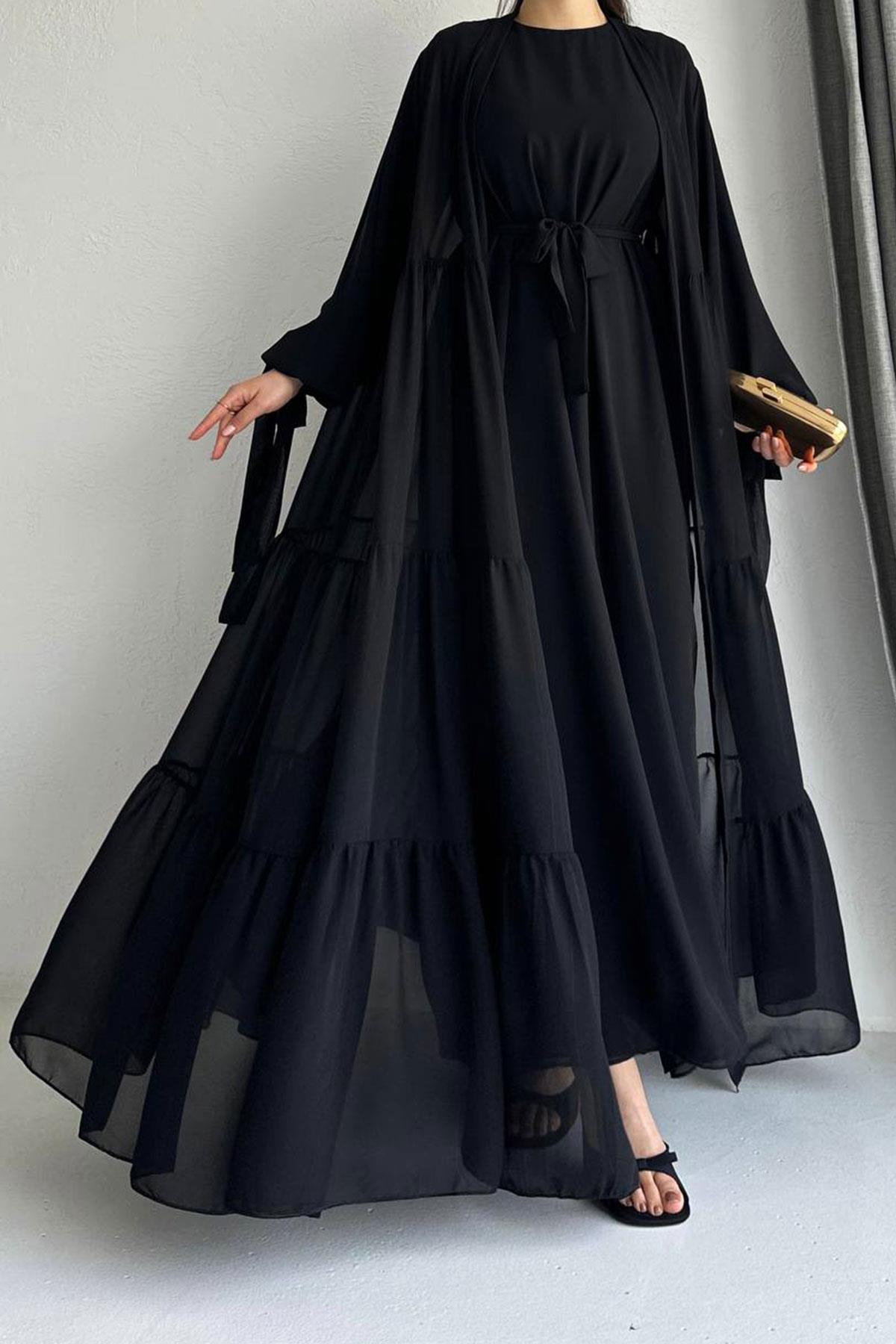 Hena Premium Şifon Abaya Takım – Siyah
