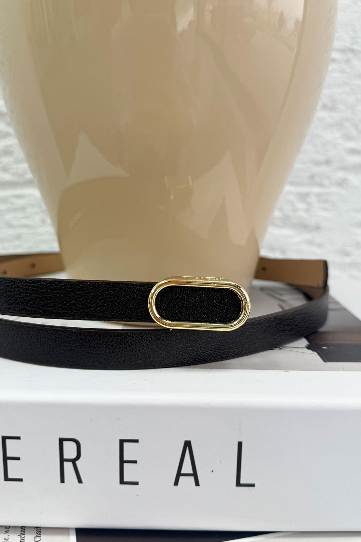 İnce Oval Tokalı Minimal Kadın Deri Kemer – Siyah