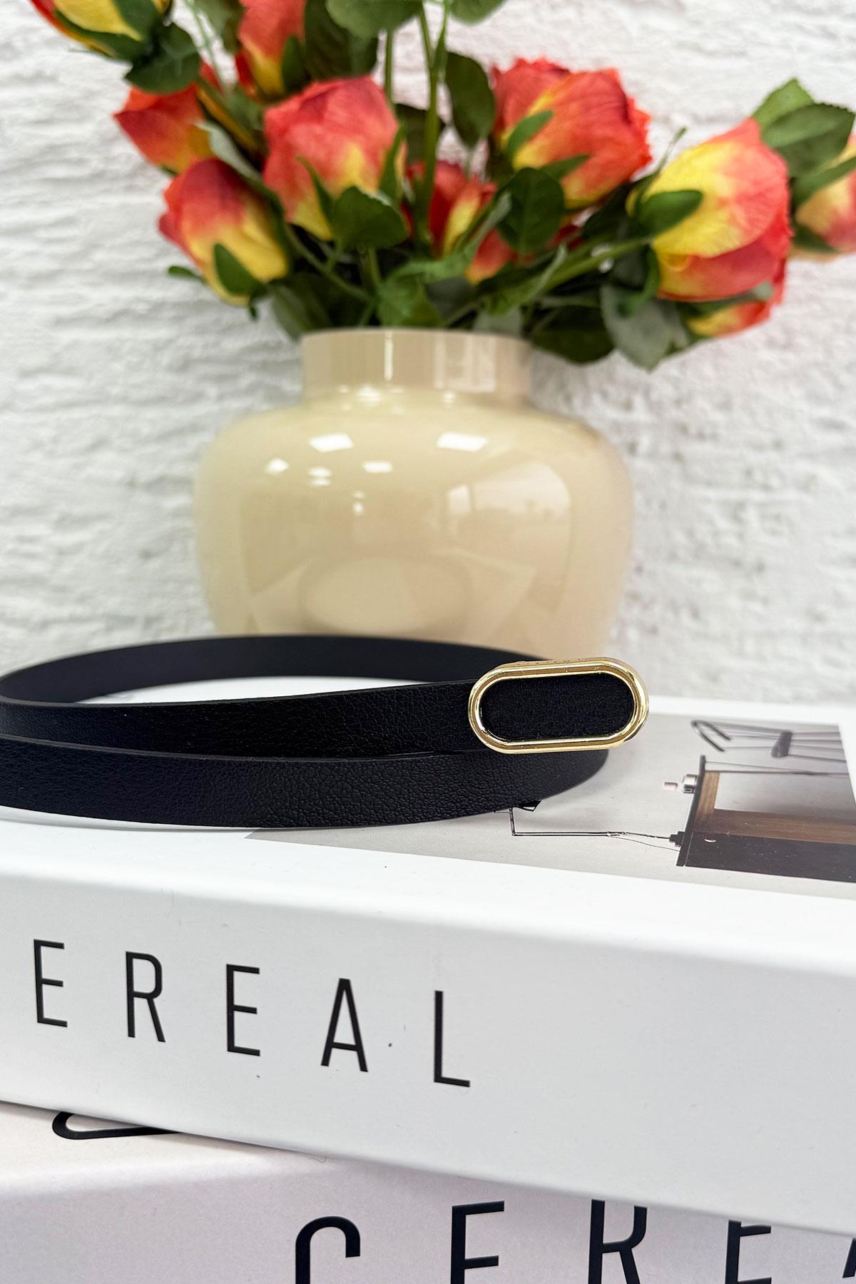 İnce Oval Tokalı Minimal Kadın Deri Kemer – Siyah