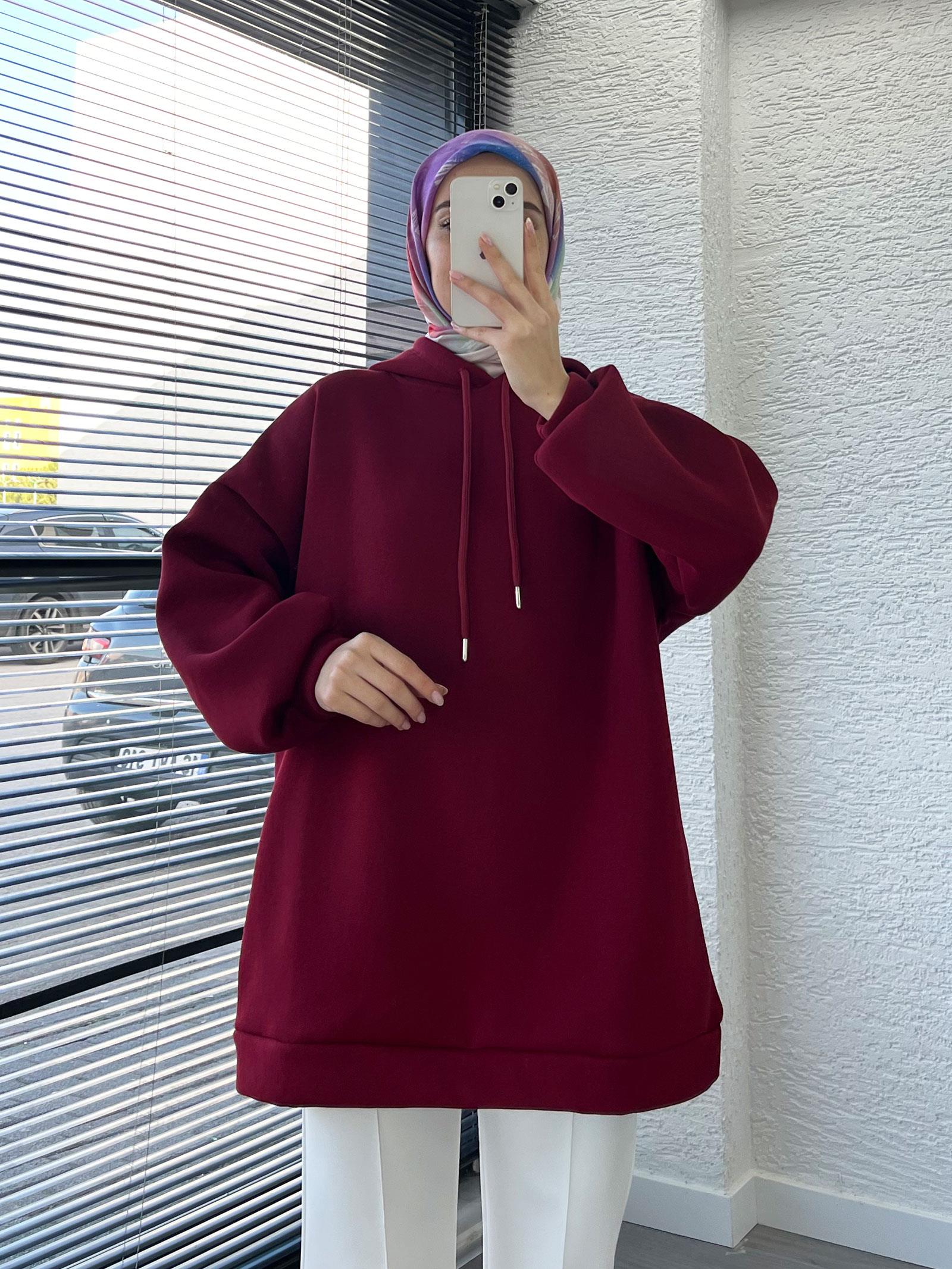 Kadın Bordo Oversize Kapüşonlu Sweat