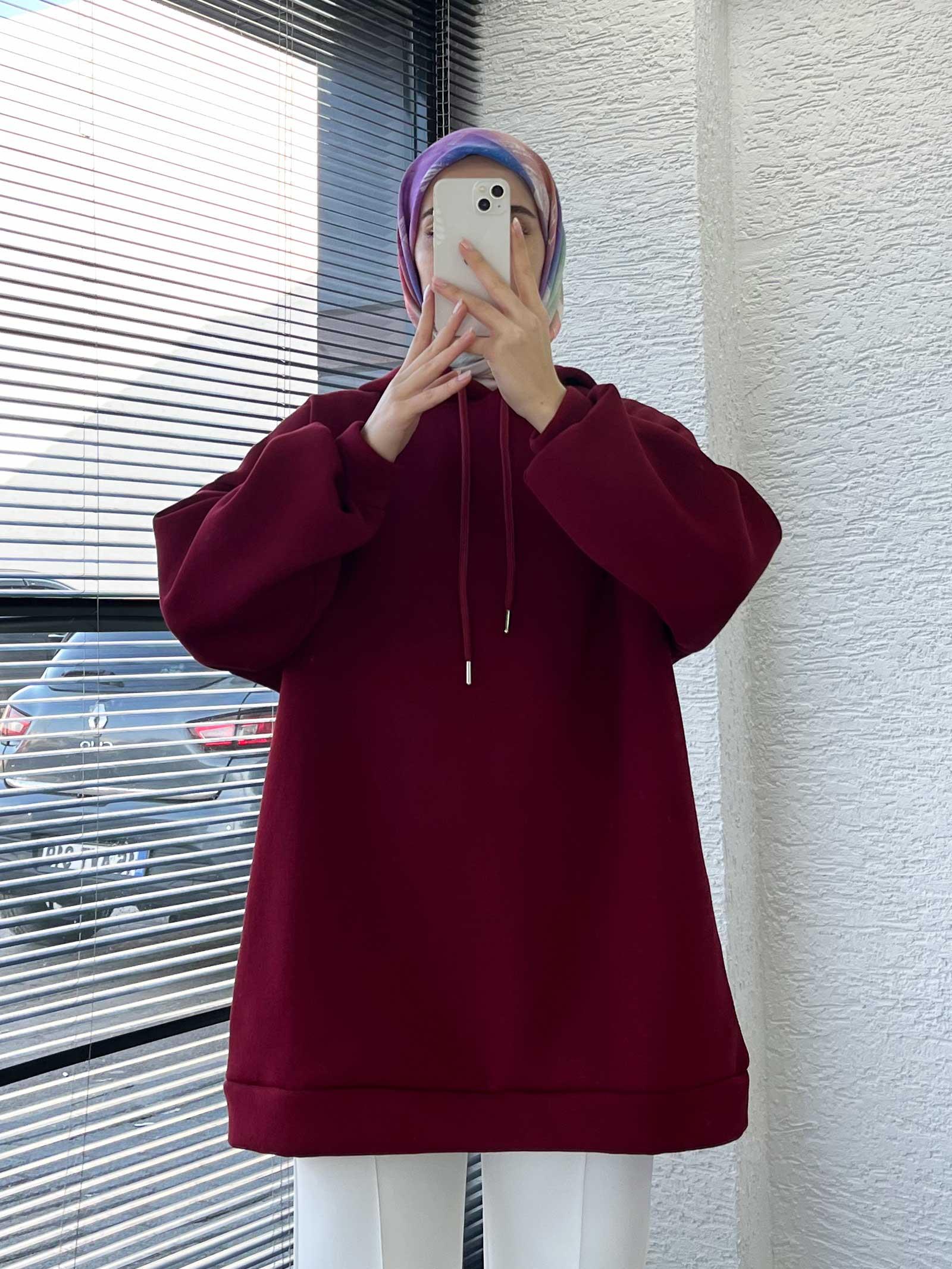 Kadın Bordo Oversize Kapüşonlu Sweat