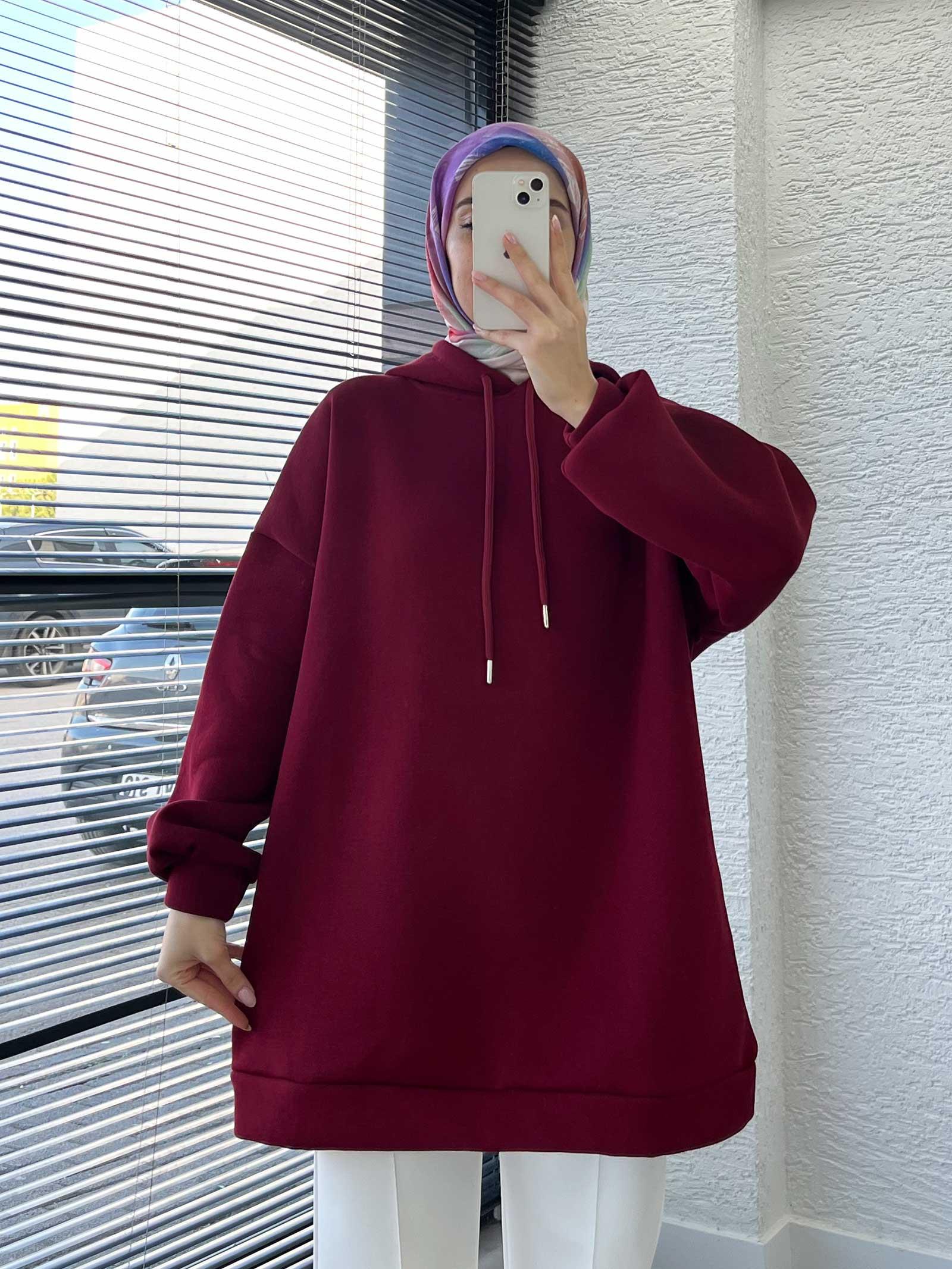 Kadın Bordo Oversize Kapüşonlu Sweat