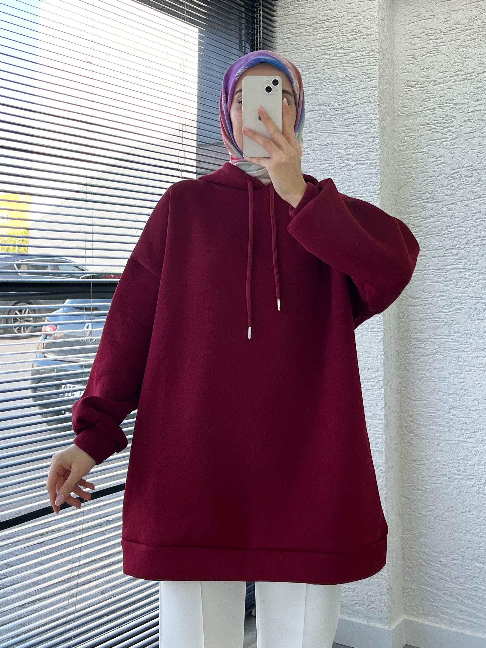 Kadın Bordo Oversize Kapüşonlu Sweat