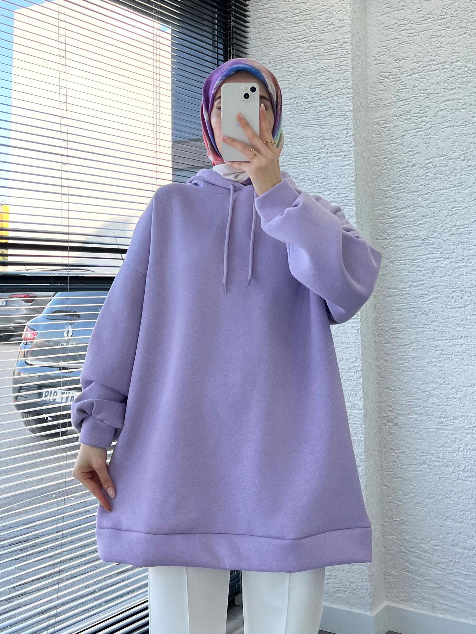 Kadın Lila Oversize Kapüşonlu Sweat