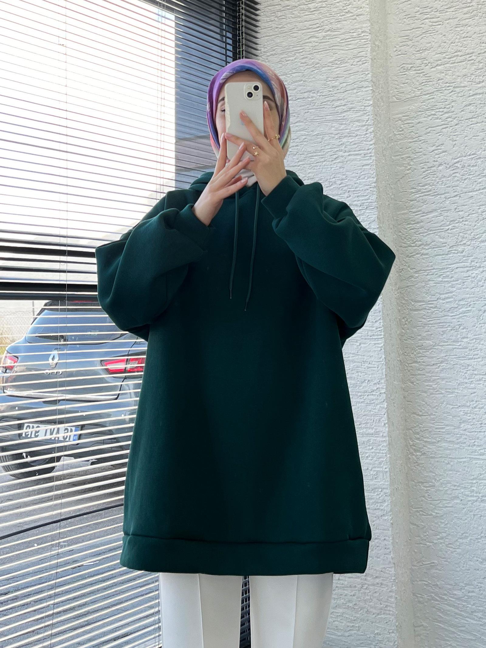 Kadın Zümrüt Oversize Kapüşonlu Sweat