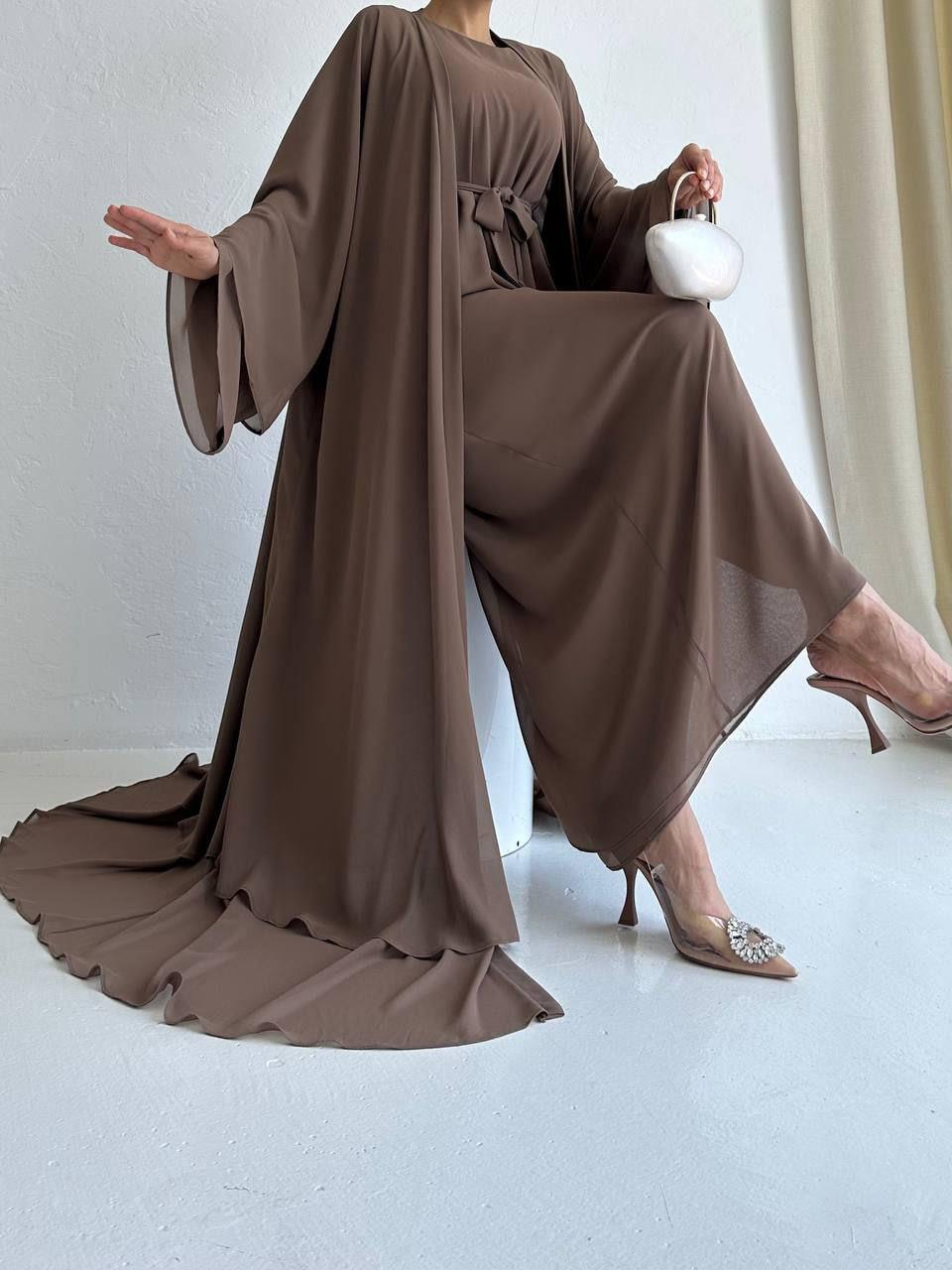 Kahve Anna Şifon Abaya Takım