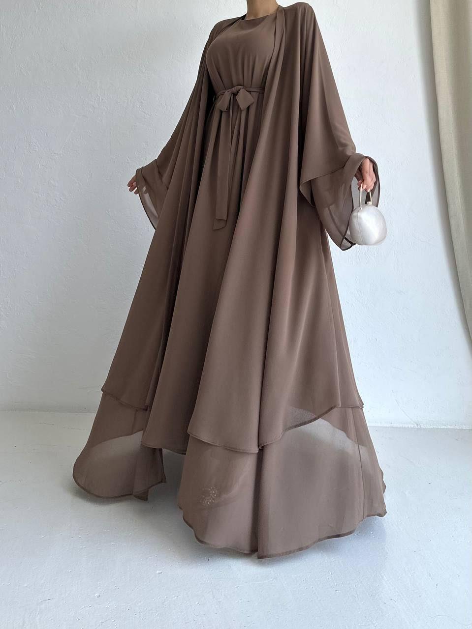 Kahve Anna Şifon Abaya Takım