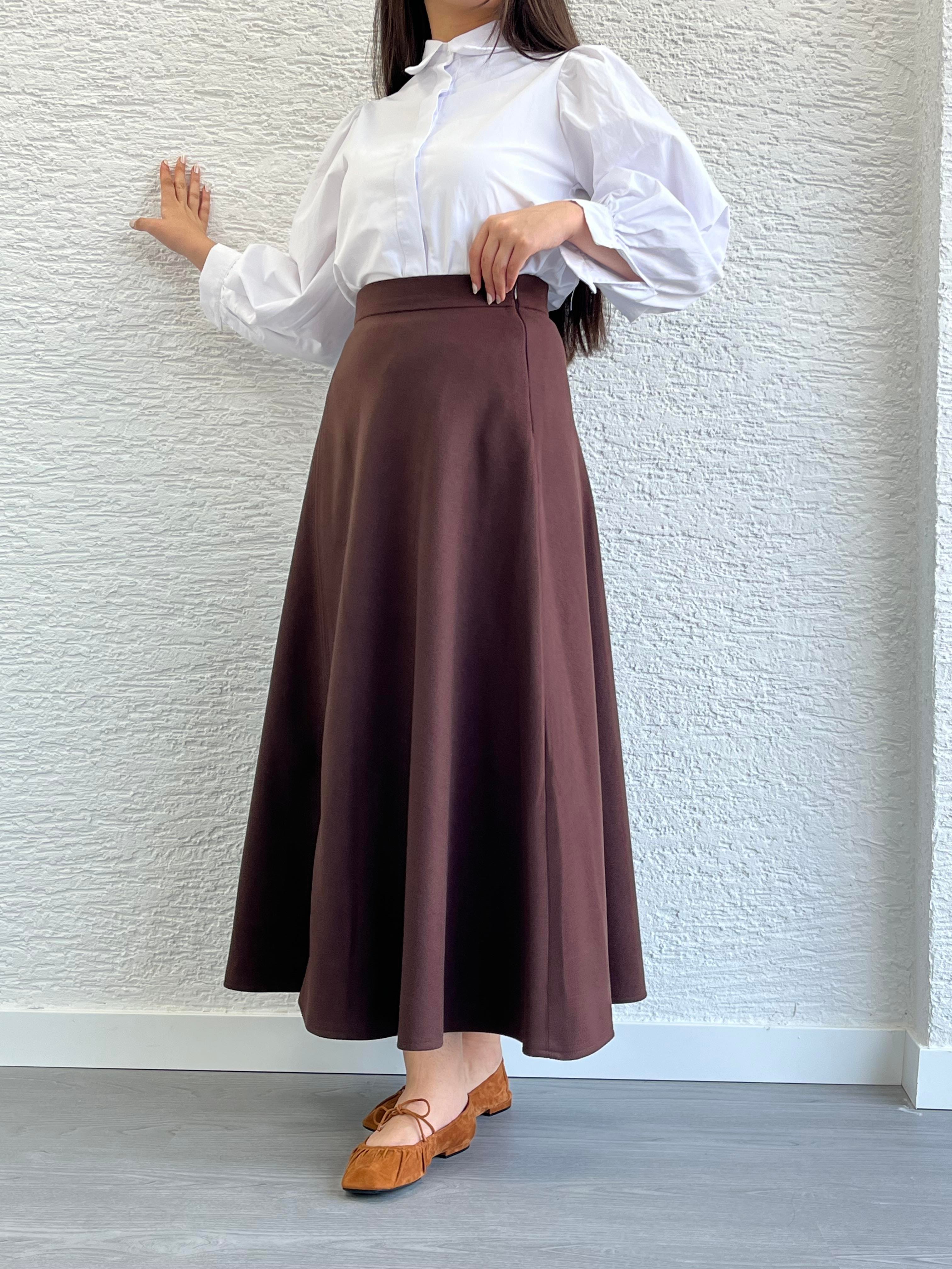Kahve Dikiş Detaylı Kaşe Etek