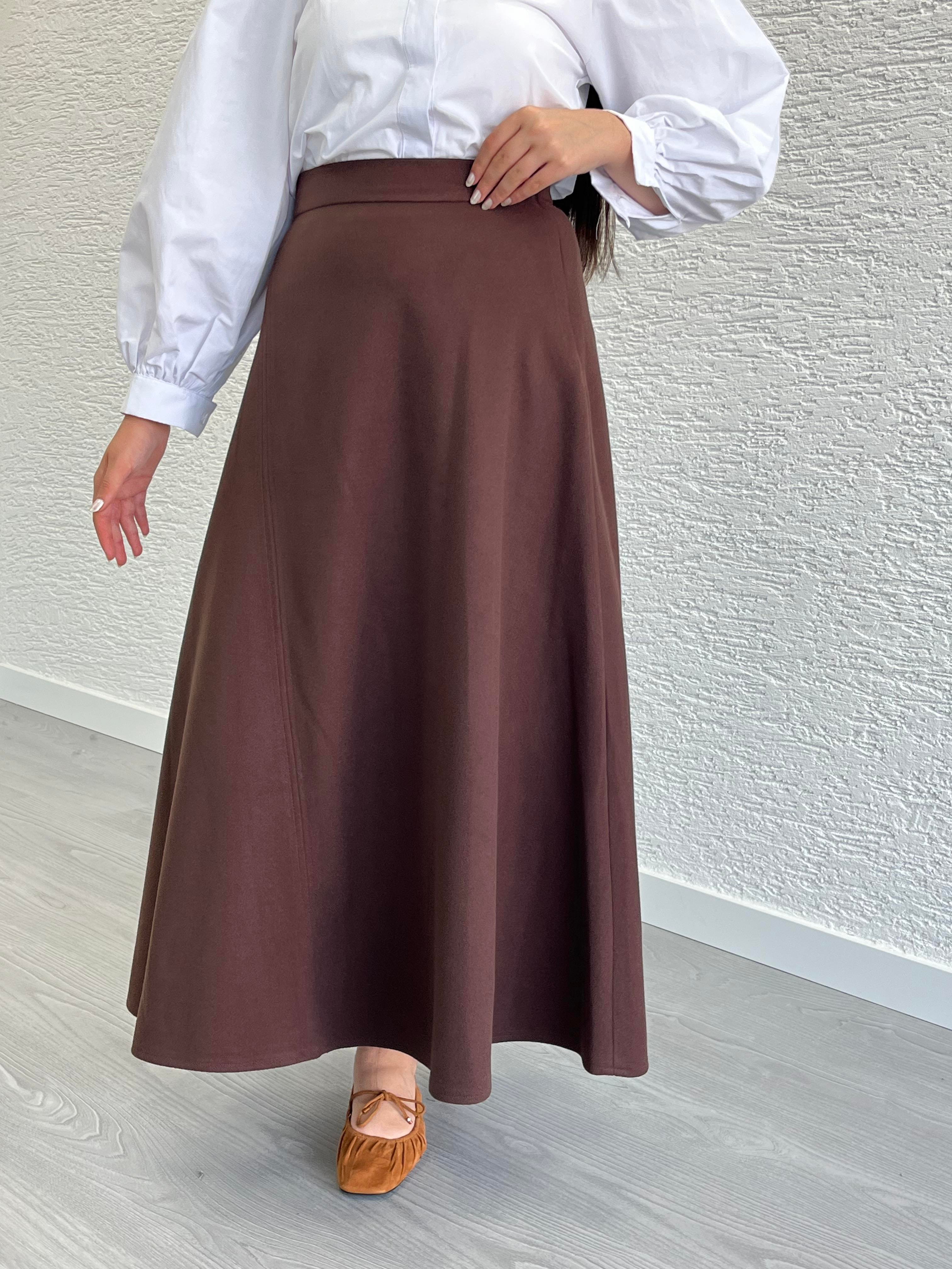 Kahve Dikiş Detaylı Kaşe Etek