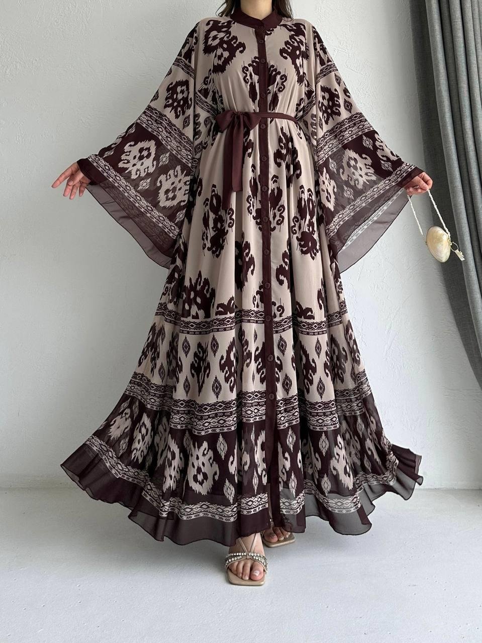 Kahve Etnik Desen Liya Abaya Takım 