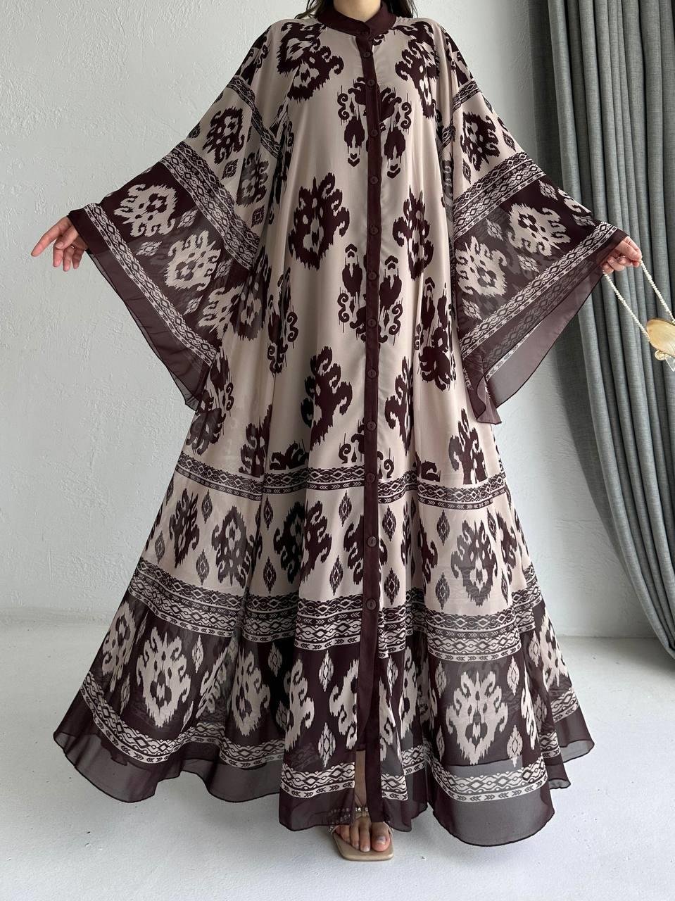 Kahve Etnik Desen Liya Abaya Takım 