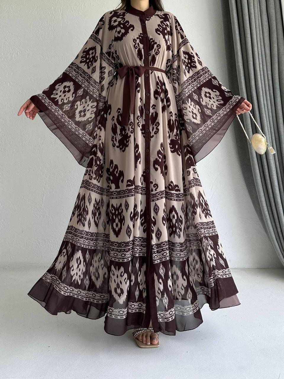 Kahve Etnik Desen Liya Abaya Takım 