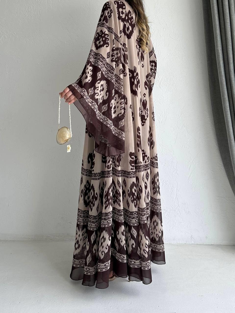 Kahve Etnik Desen Liya Abaya Takım 