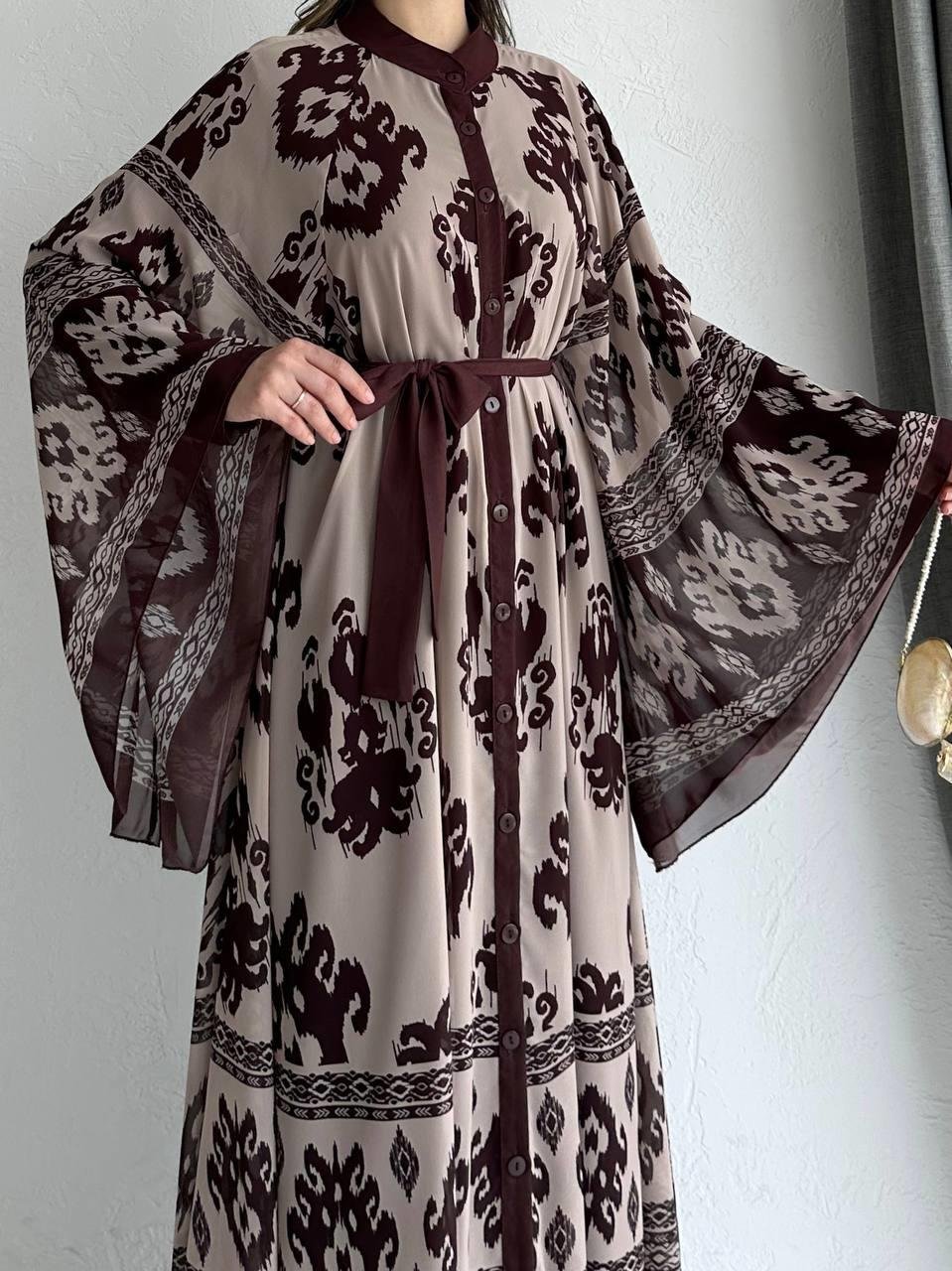 Kahve Etnik Desen Liya Abaya Takım 