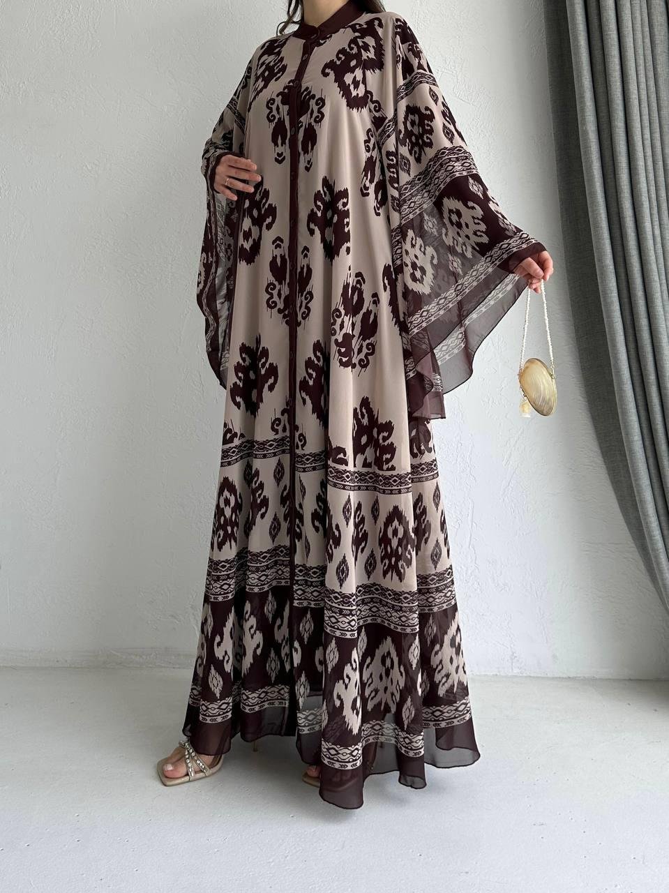 Kahve Etnik Desen Liya Abaya Takım 