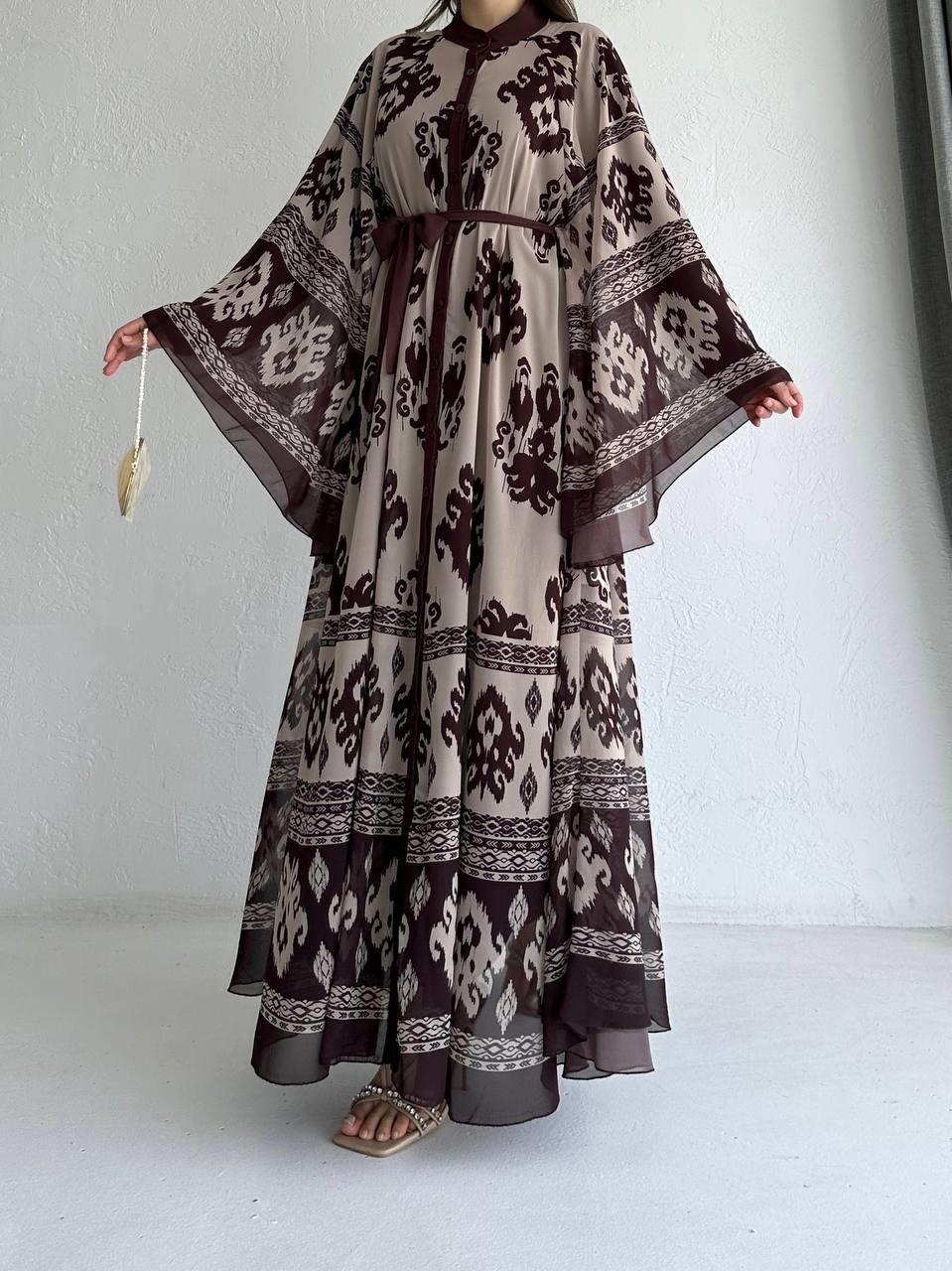 Kahve Etnik Desen Liya Abaya Takım 