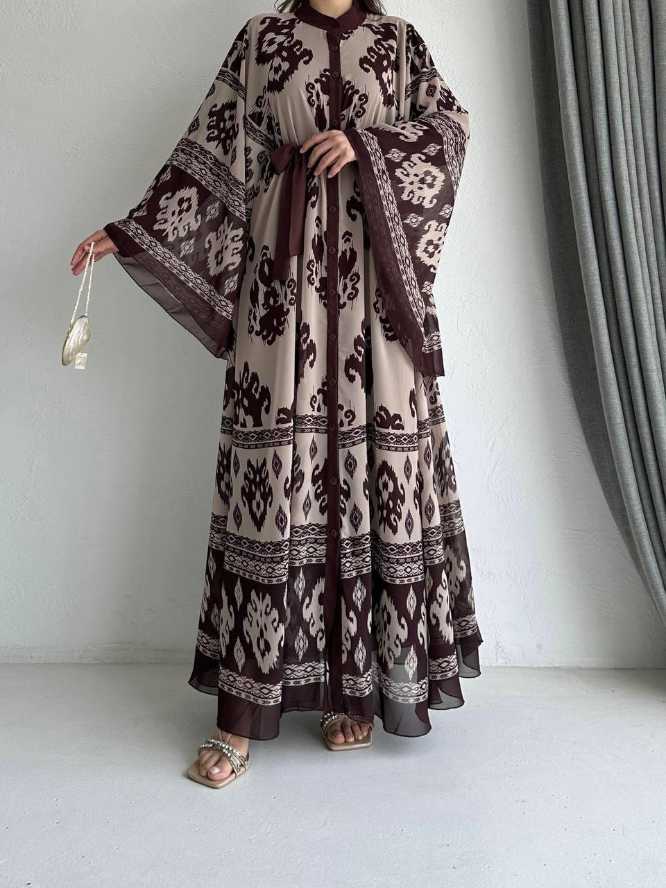 Kahve Etnik Desen Liya Abaya Takım 