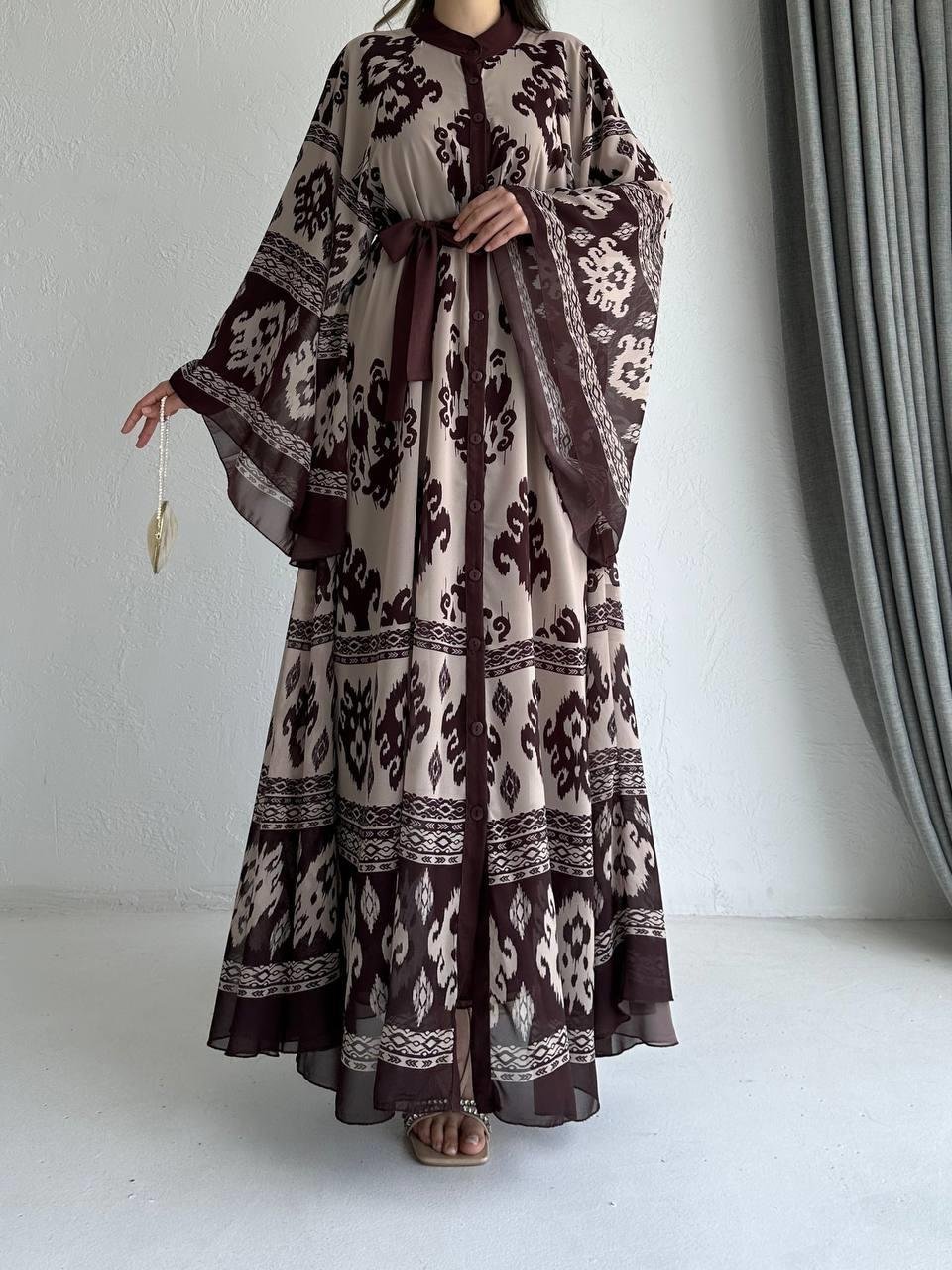 Kahve Etnik Desen Liya Abaya Takım 