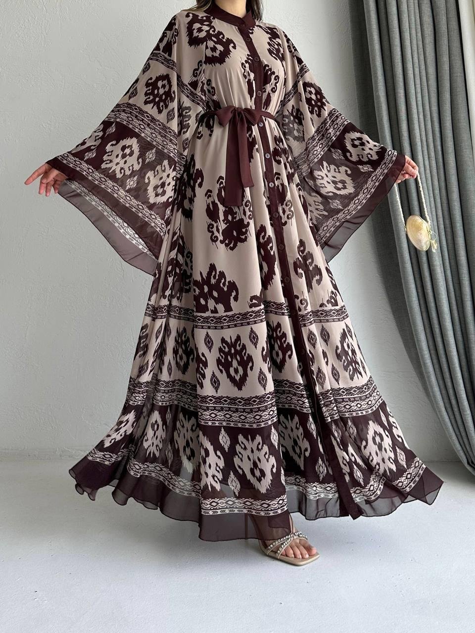 Kahve Etnik Desen Liya Abaya Takım 