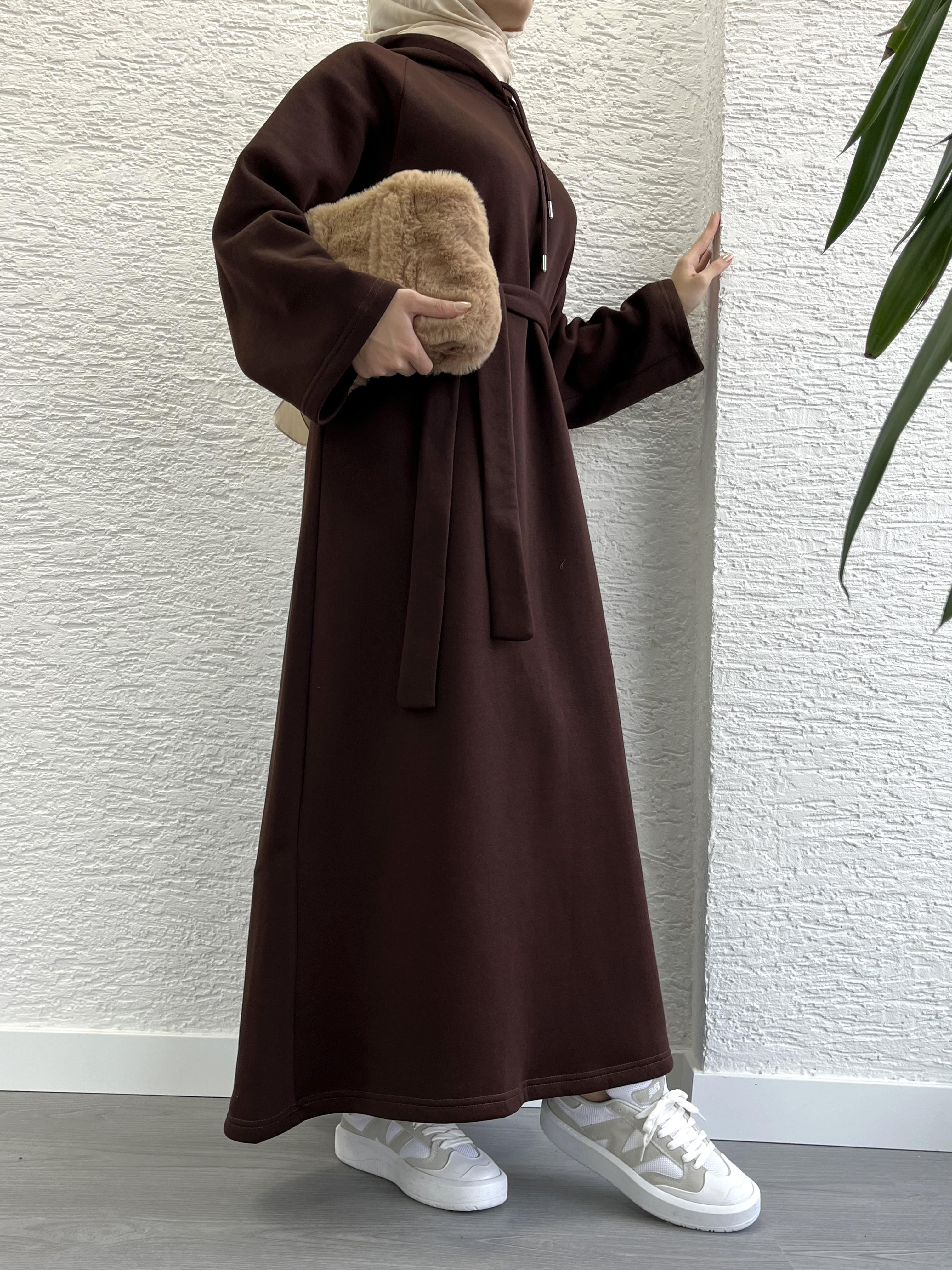 Kahve Kapşonlu Oversize Sweat Elbise