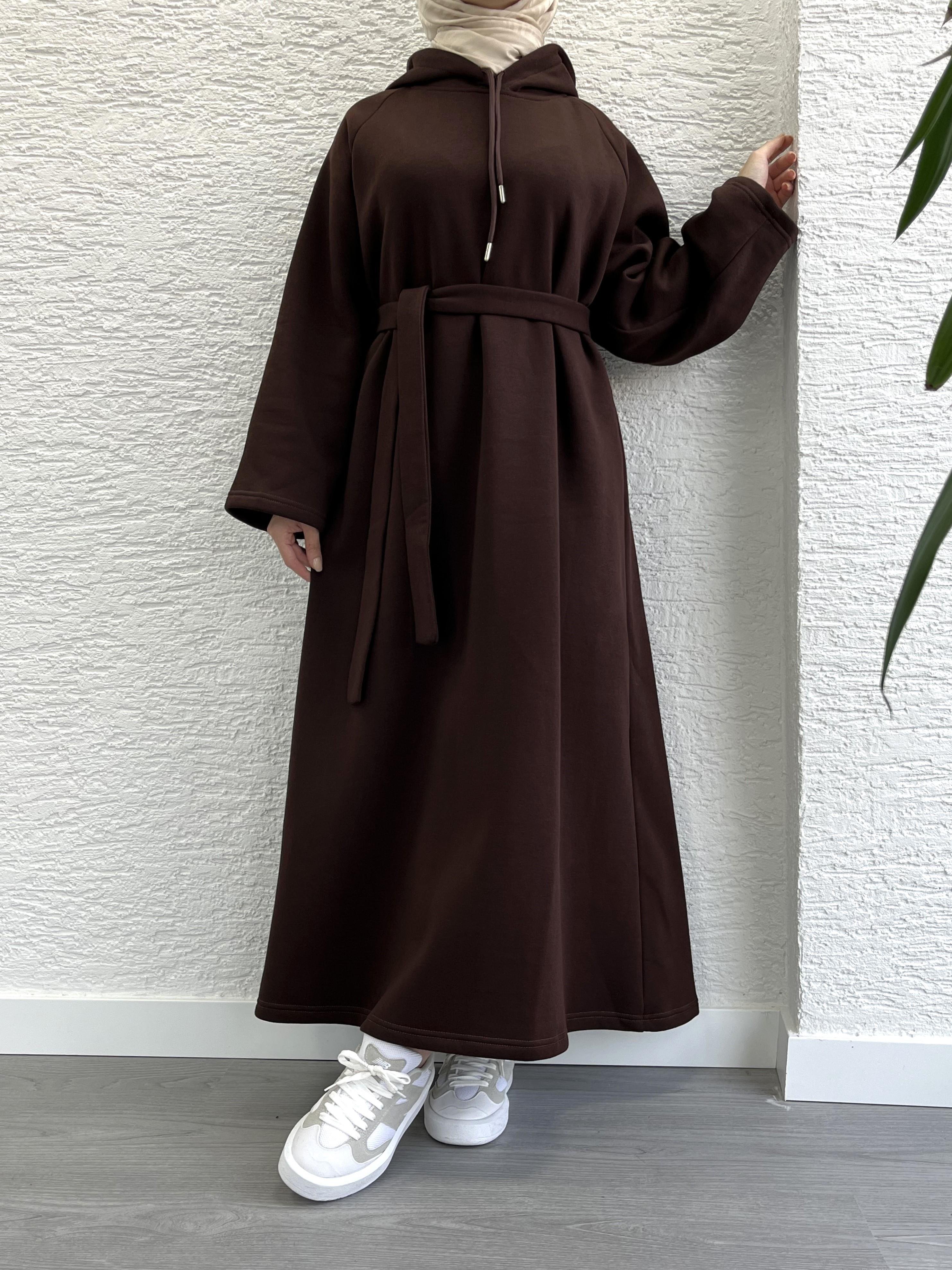 Kahve Kapşonlu Oversize Sweat Elbise