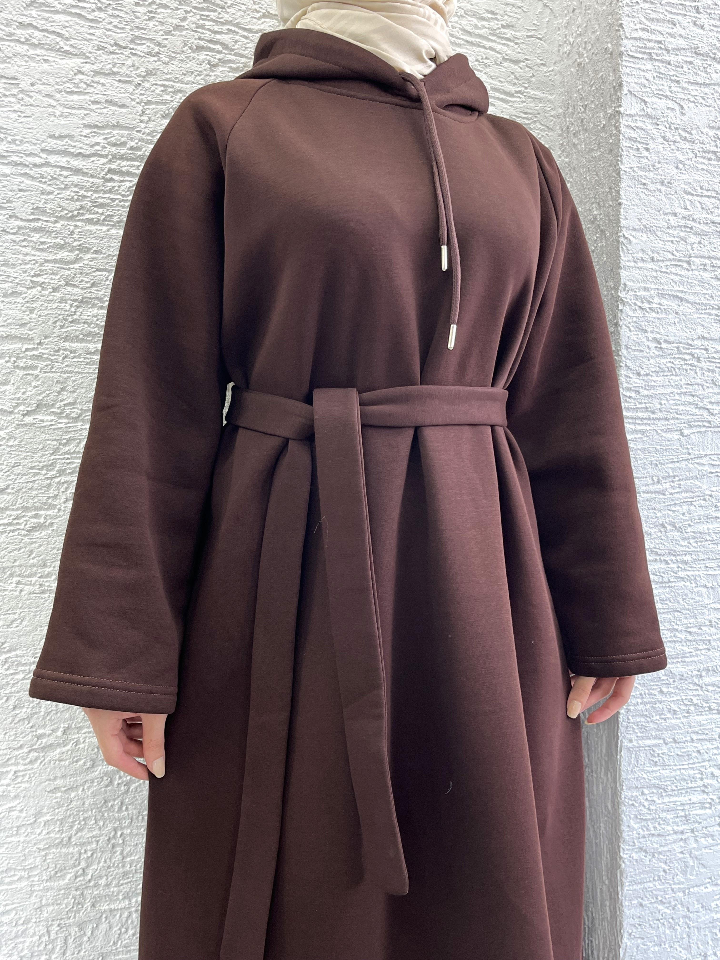 Kahve Kapşonlu Oversize Sweat Elbise