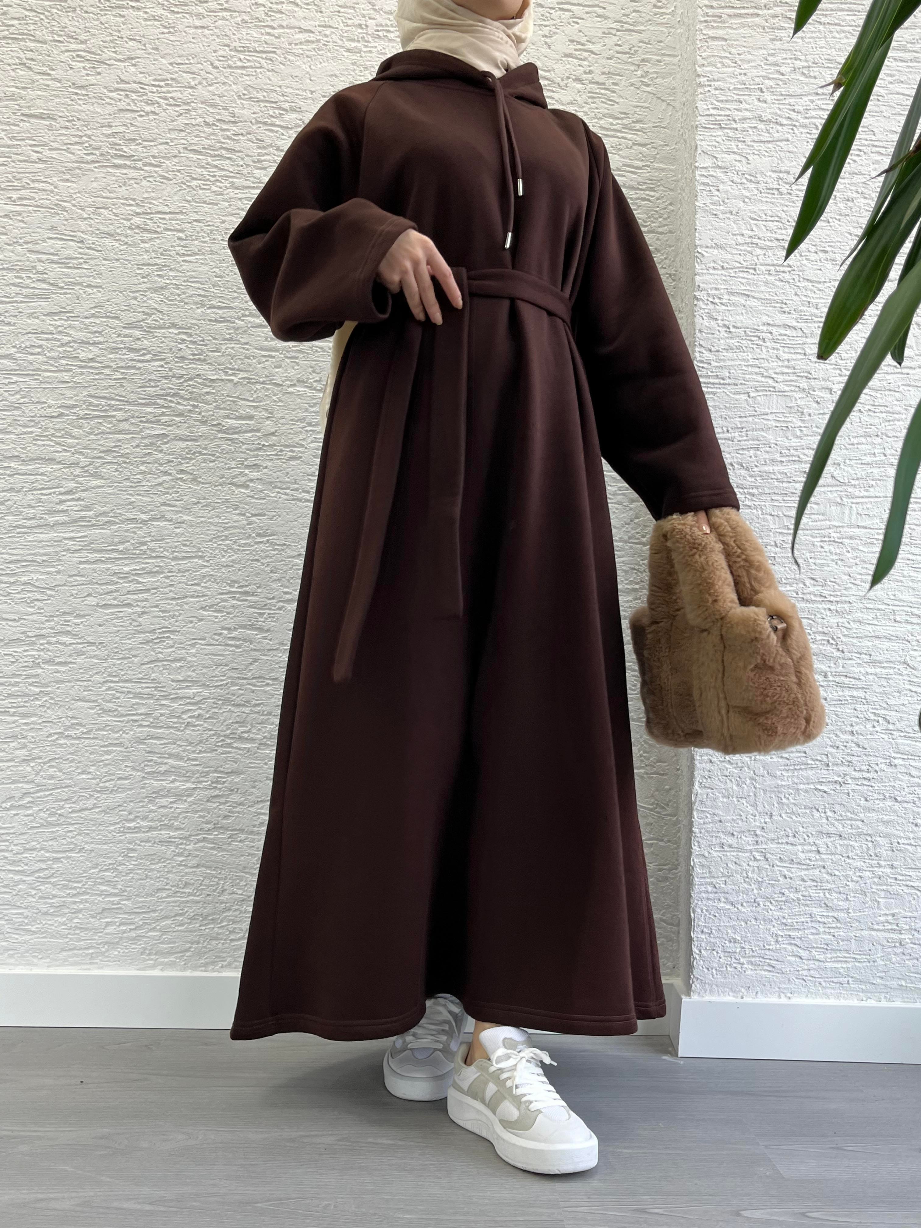 Kahve Kapşonlu Oversize Sweat Elbise